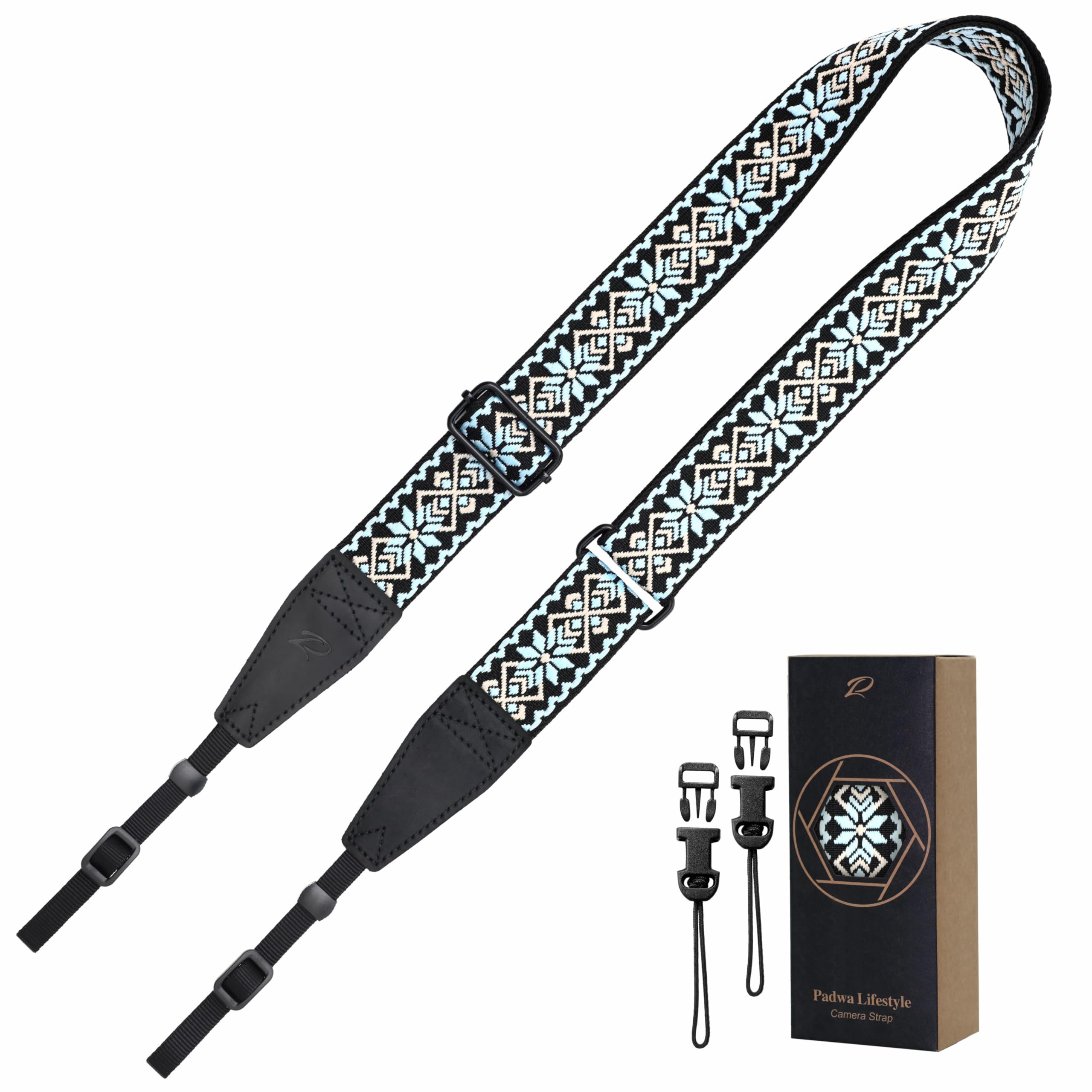 Padwa Lifestyle Adjustable Camera Strap - 1.5" Full Grain Leather Ends Camera Straps for Photographers, Adjustable Neck Shoulder &amp; Crossbody Cotton Strap Quick Release for Cameras and Binoculars