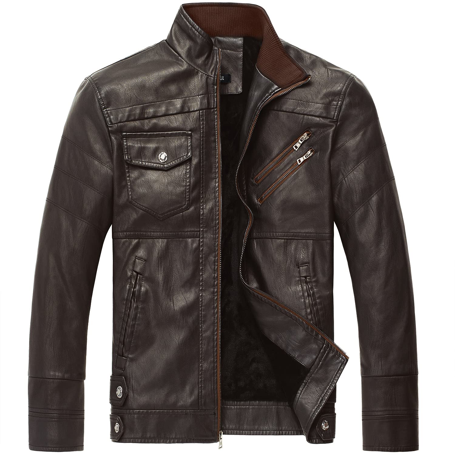 WULFUL Men's Vintage Stand Collar Leather Jacket Motorcycle
