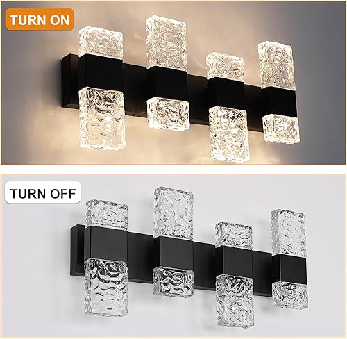 Miniatura 6 de VINLUZ Lámparas LED de baño sobre espejo, 4 luces negras claras con pantalla de cristal, apliques clásicos de pared de baño de 32 W para armarios