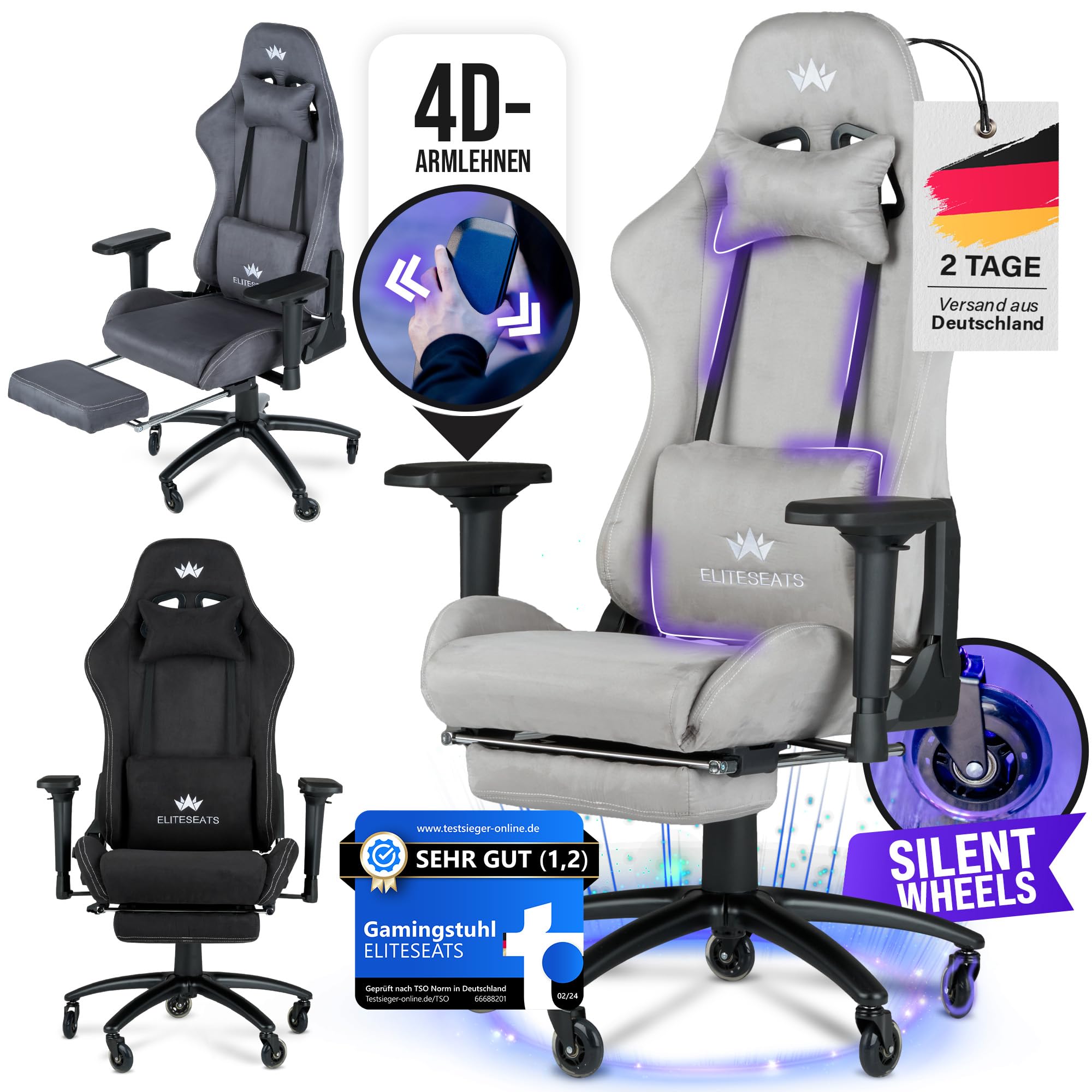 ELITESEATS Gaming Stuhl Ergonomisch [Atmungsaktiver Stoff, 4D Armlehnen] Gaming Chair [Leise, Kratzerfreie Rollen] Gamingstuhl Stoff mit Fußstütze Bürostuhl Gaming Sessel 150KG Belastbarkeit