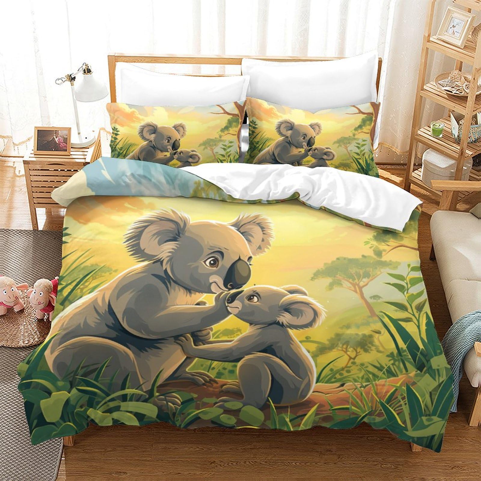 Housse de couette koala 3 pièces parure de lit fille ado fermeture éclair 220x240