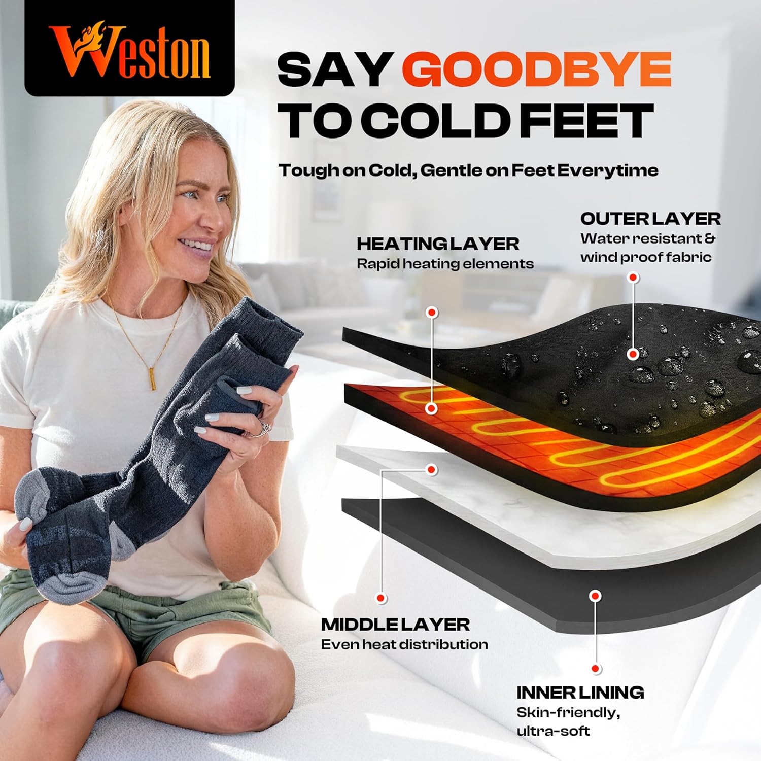 Weston Rechargeable Heated Socks for Men & Women, Warm Winter Socks with 2 4000mAh Batteries, Up to 140F - Perfect for Cold Feet & Raynaud's Relief (Black, Size 5-15) - Image 3