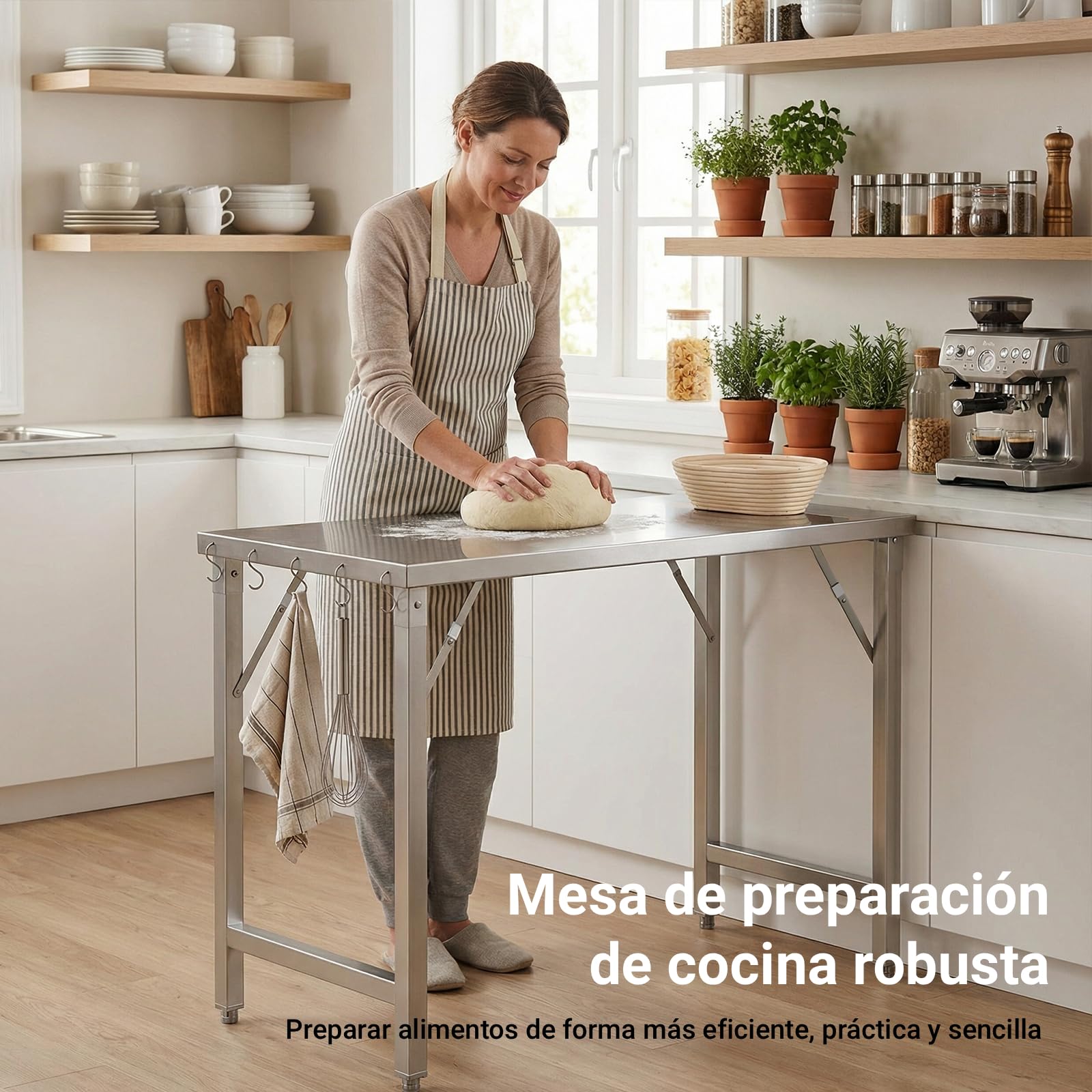 TLSUNNY Mesa de Acero Cocina Inoxidable Plegable 120x60cm, Mesa de Trabajo Inoxidable Gastronomía con 5 Ganchos, Patas Ajustables,Capacidad 250kg,Mesa de Cocina Preparación de Comida para Restaurante