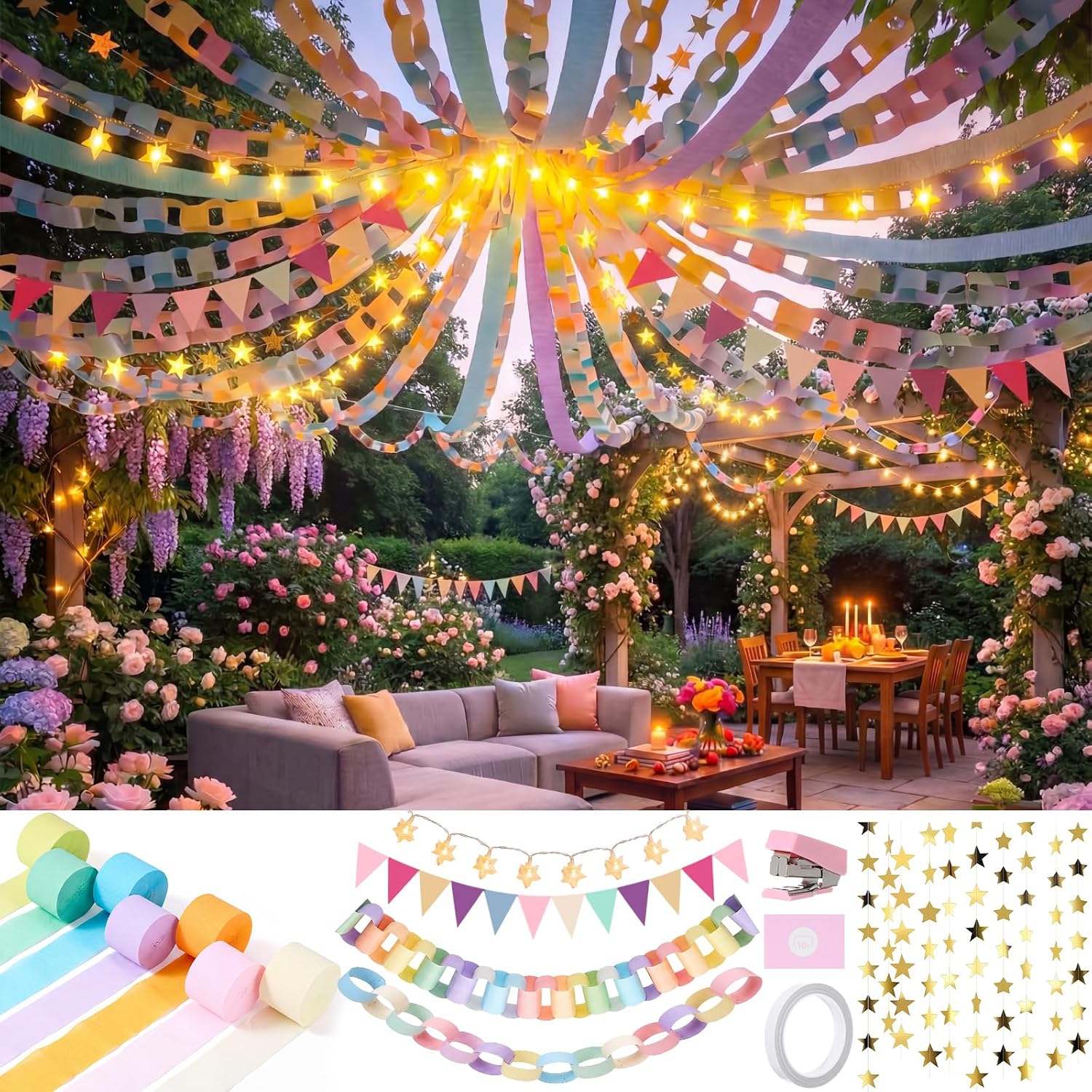 TaoBary 900 Sheets Pastel Paper Chain Garland Strips with 17ft Star Lights | Includes 574ft Crepe Paper Streamers, 26.24ft Gold Star Garlands, 13ft Pennant Banners, Decors for Birthday Party Wedding DIY