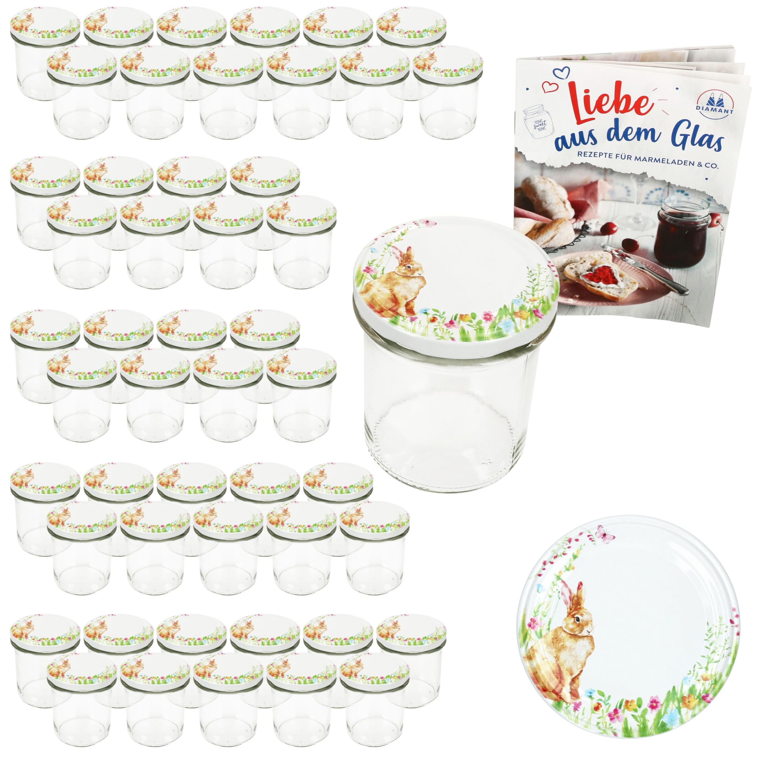 MamboCat Lot de 50 bocaux en verre de 350 ml avec couvercles à visser de 82 couvercles à visser « Osterfreude » I avec lapins et fleurs de Pâques I Bocaux de conservation + livret de recettes de sucre