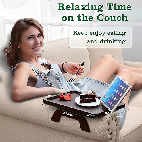 Miniatura 3 de Mesa de brazo para sofá, bandeja con clip para reposabrazos con soporte para teléfono, mesa de sofá para sala de estar y dormitorio (nogal grande,