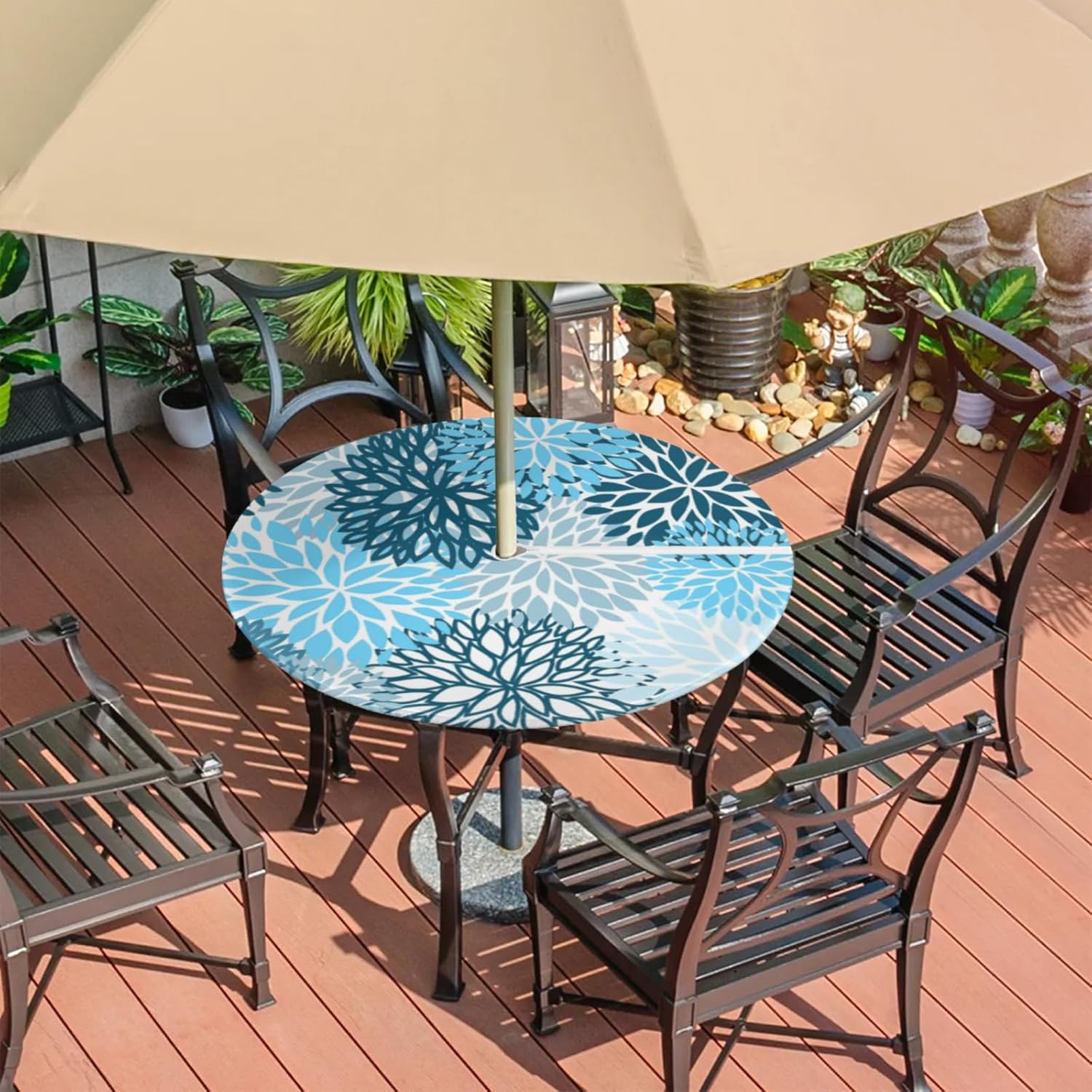 Round Tablecloth with Umbrella Hole and Zipper Elastic Fitted Table Cloth 45"-56" Oil-Proof Waterproof Patio Table Cover for Outdoor Dining Picnic Party, Spring Summer Blue Floral