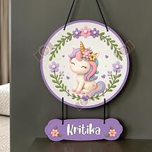 P Arts Personalized Kids Name Plate for Room Door, Custom Baby Name Board for Nursery Decor, 3D Illusion UV Printed Wooden Name Sign, Kids Room Wall Hanging, Birthday Gift & Return Gift (Magic Unicorn)