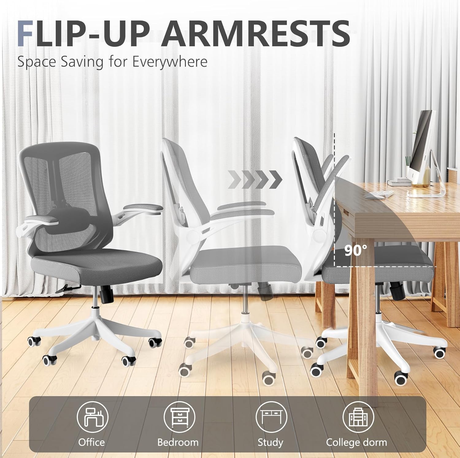 350 LBS Ergonomic Office Computer Mesh Chair - Adjustable Height Rolling Desk Chair with Flip-Up Armrests & High Back Support - Comfortable Swivel Task Chair for Home Office (02GREY)