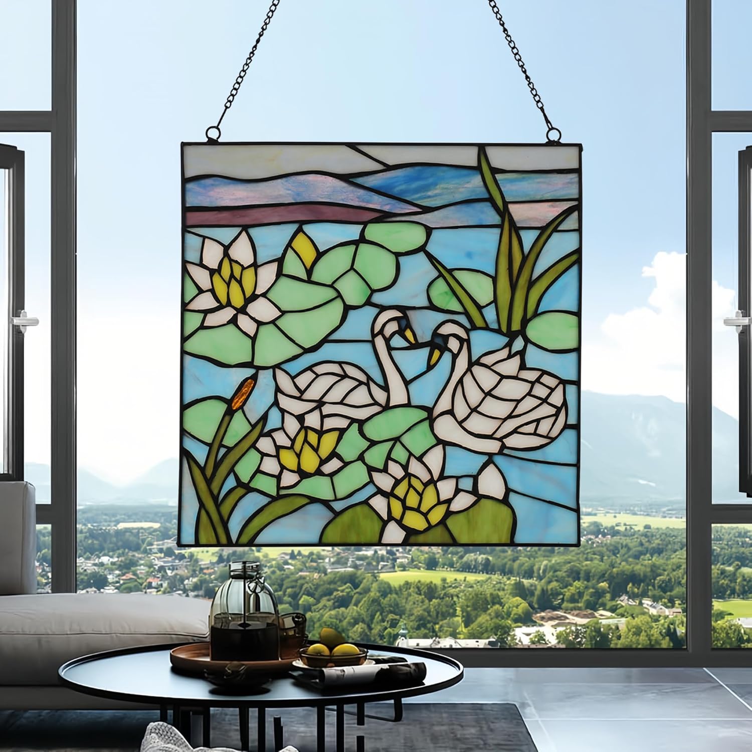 YOURANJU 2 Birds Stained Glass Window Hanging Tiffany Style Handmade 12" Lotus Square Window Panel Housewarming Gift Perfect for Living Room, Bedroom, Kitchen Decoration Hangings with Chain