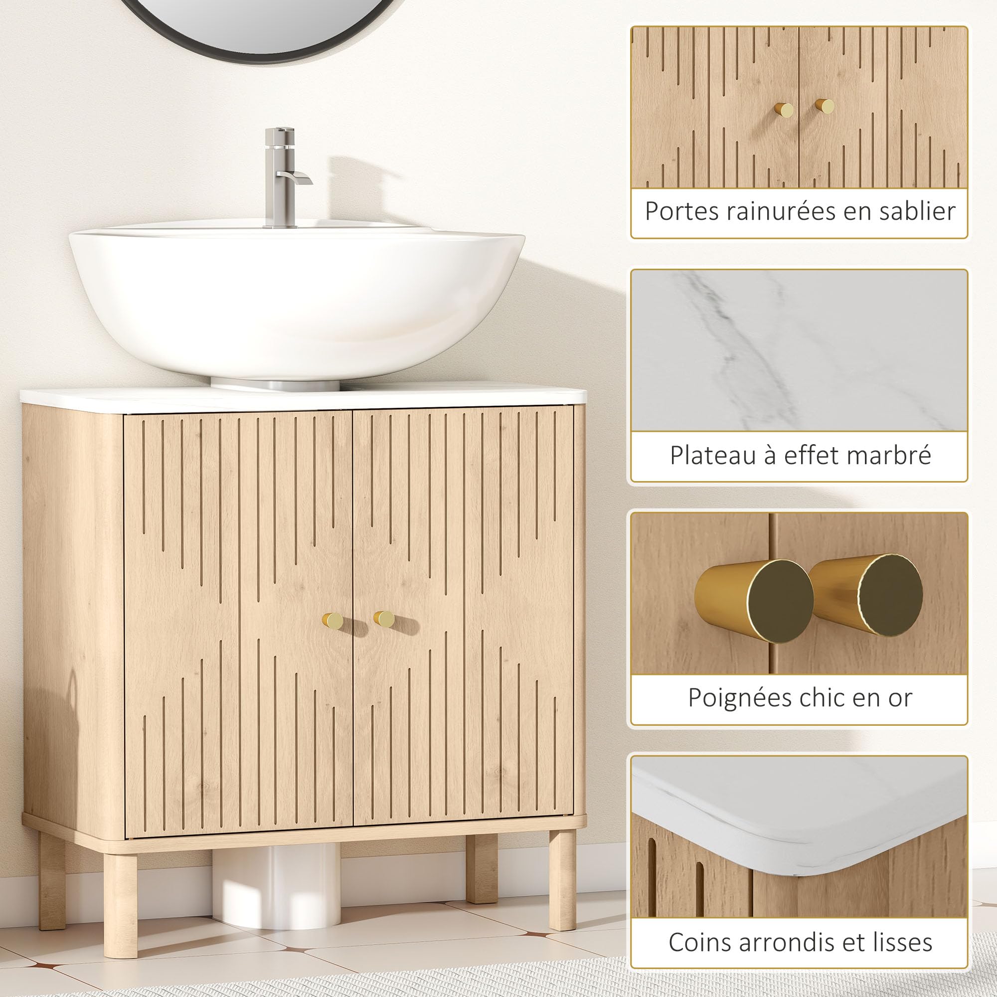 HOMCOM Meuble sous Lavabo avec Étagère pour Vasque, 60 x 30 x 63 cm, Chêne