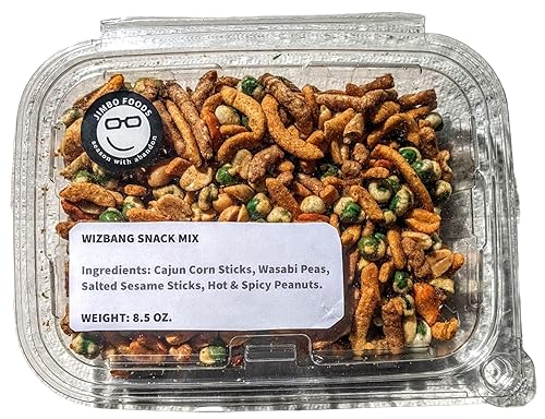 WIZBANG Mezcla de aperitivos picantes premium, contiene palitos de maíz cajún, guisantes wasabi, palitos de sésamo y maní picante, 8.5 onzas.