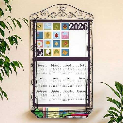Zonon Soporte de calendario de metal para pared, de 18 x 32 pulgadas, marco de calendario de hierro forjado con cesta, colgador vertical de pósteres
