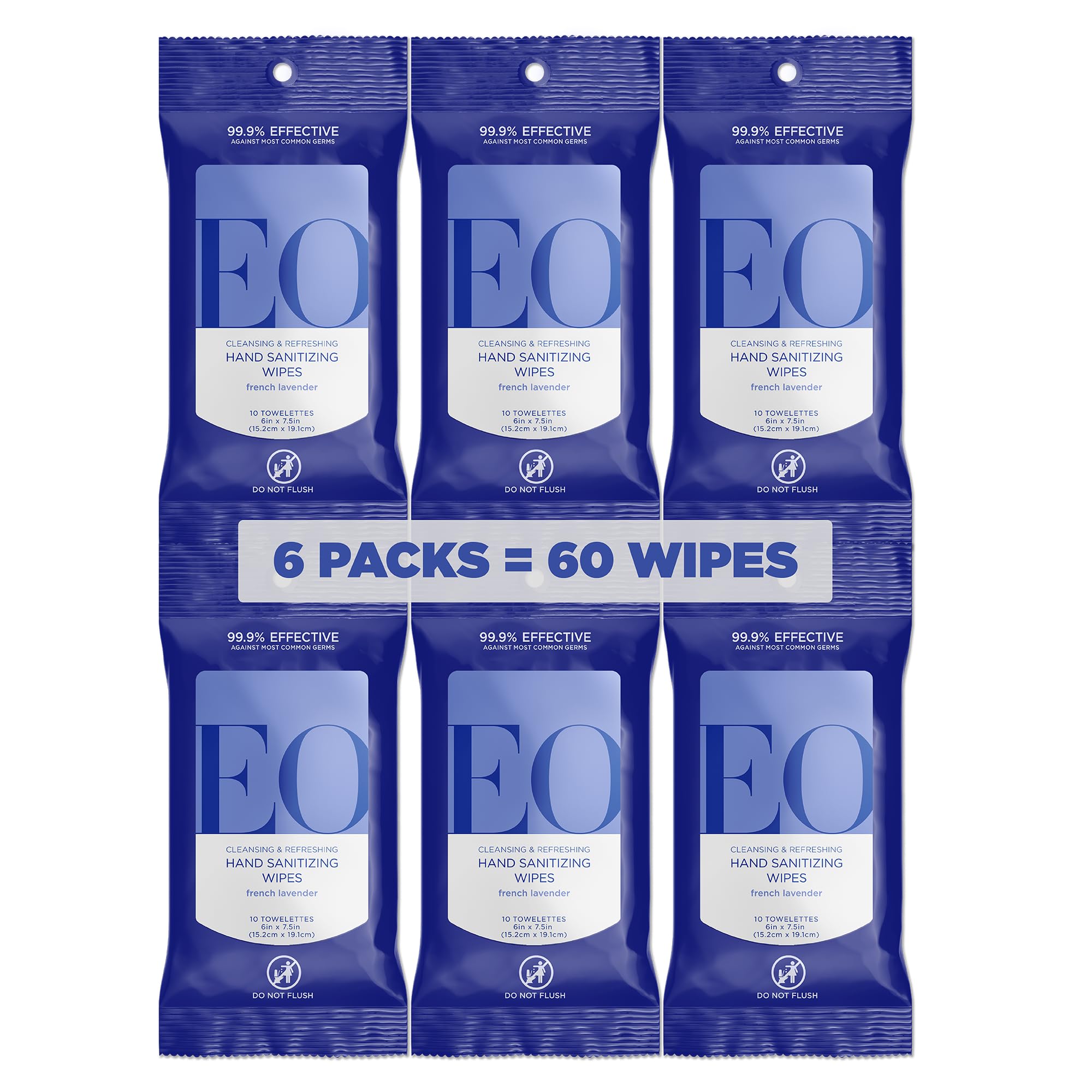 EO Hand Cleansing Wipes, 10 Wipes (Pack of 6), French Lavender, Plant Derived Alcohol with Pure Essential Oils