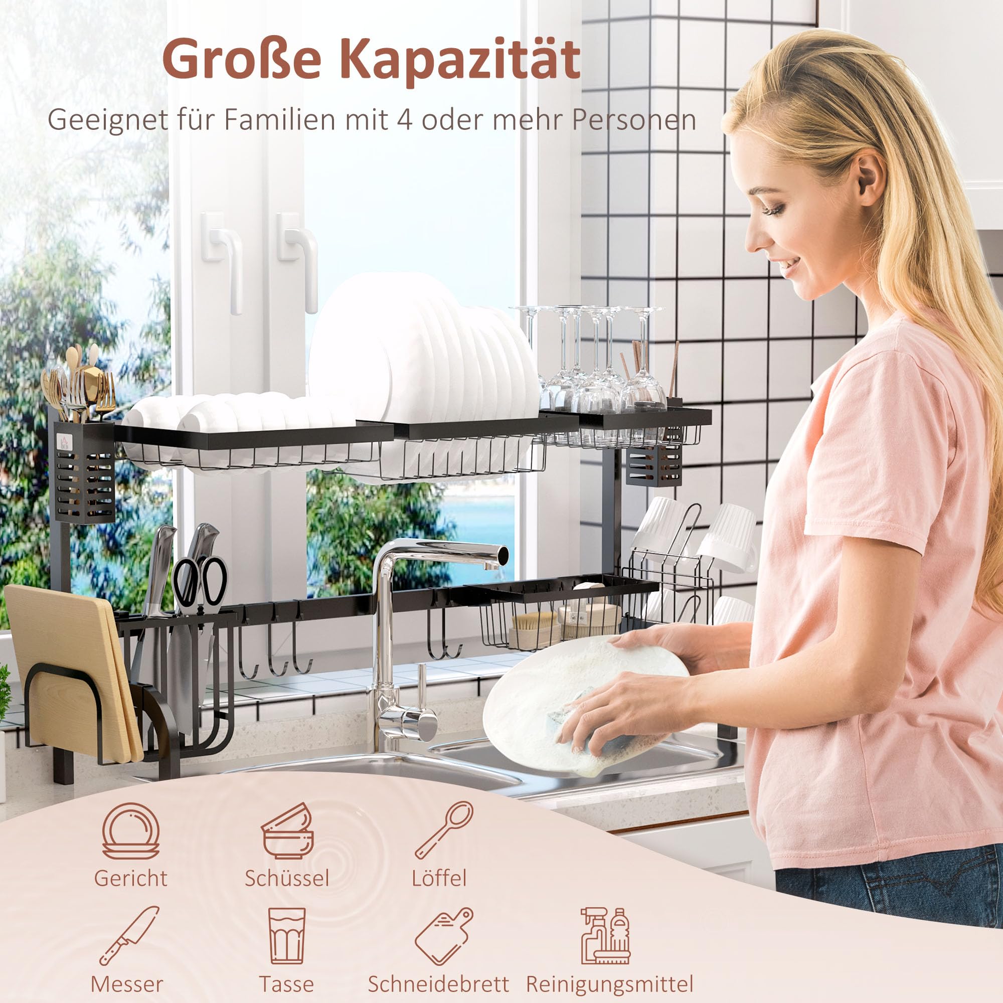 HOMCOM Abtropfgestell Geschirr 2-stufig mit Haken 100 cm Stahl Schwarz | Abtropfständer, Tellerregal, Zubehör, Abtropfgitter Gestell für Küchenspüle