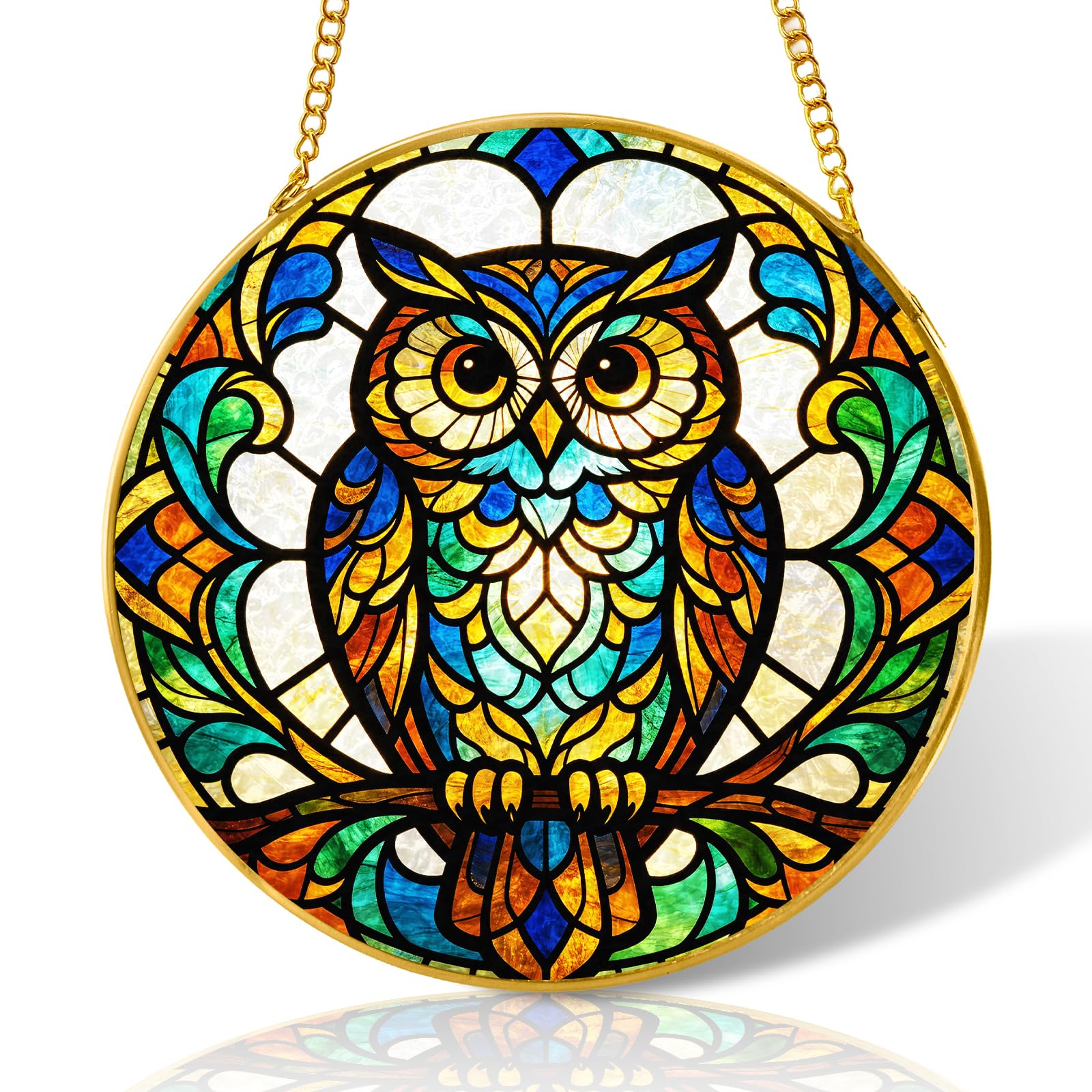 10 inch Owl Stained Glass Suncatcher Windows Hanging,Stained Glass Ornament Home Decor,Suncatchers for Windows Hanging,Birthday Gifts for Women,Lovers,Friend(Gold)