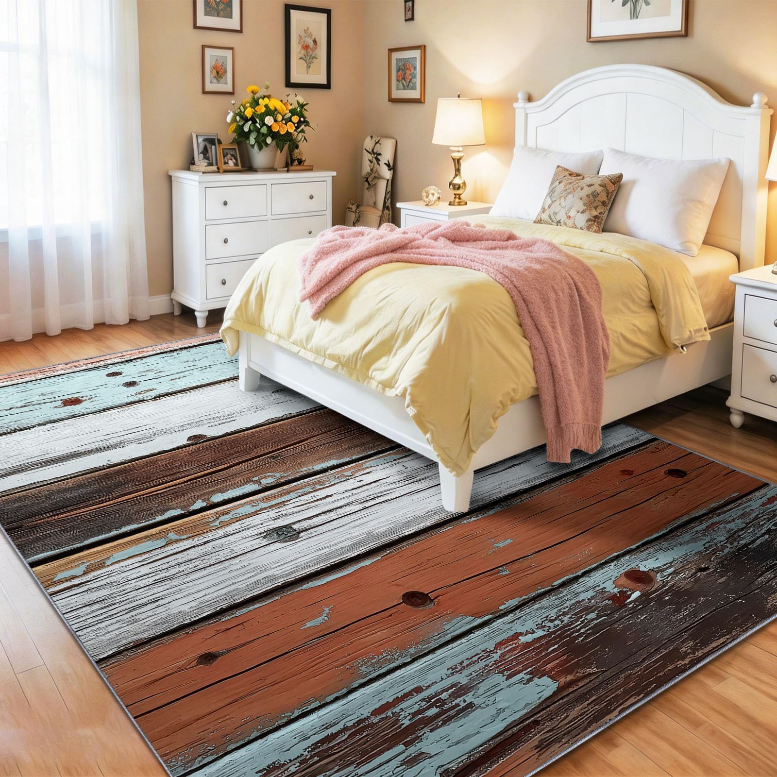 Industriell Used Look Teppich 60 x 90 cm Kurzflor Bunt Holzzaun Holzmaserung Abblätternde Farbe, Waschbar, Pflegeleicht, Extra Weich Für Wohnzimmer, Schlafzimmer, Esszimmer