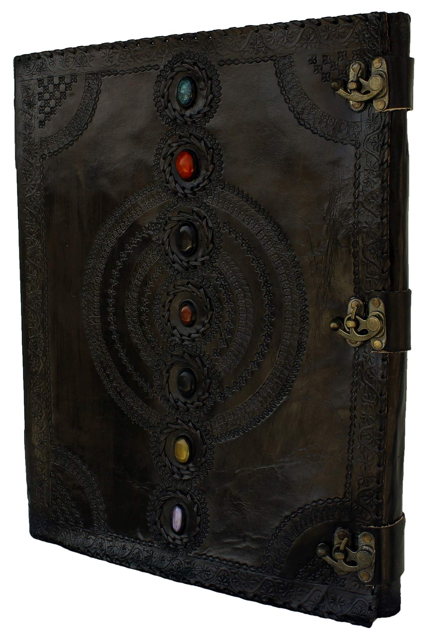 AOL Seven Chakra Medieval Stone Embossed Handmade Jumbo Leather Journal Book of Shadows Notebook Off