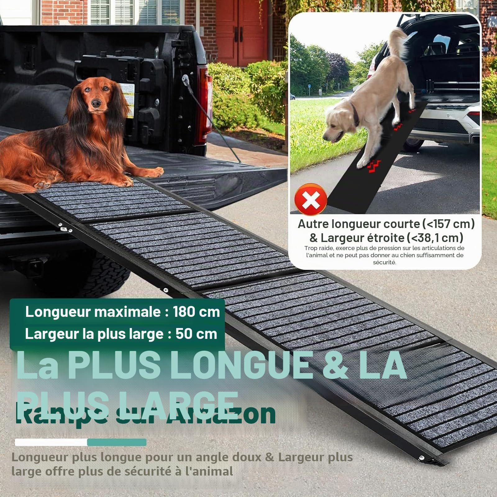Rampe pour chien de 180 cm de long et 50 cm de large, pliable, avec tapis antidérapant, pliable pour l'extérieur, escalier, voiture, pour chiens de taille moyenne et grande dans un SUV et un camion