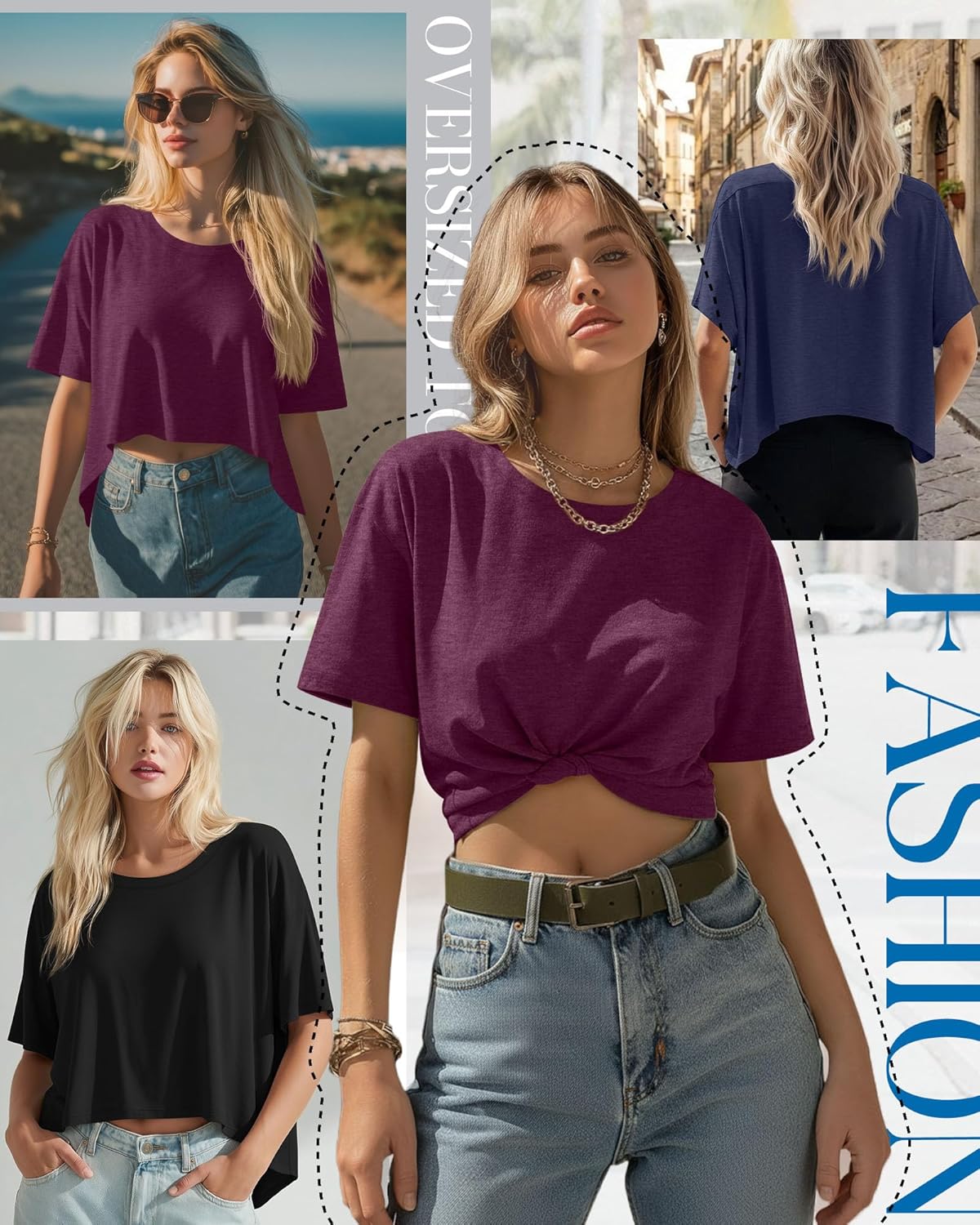 Huukeay 3 Pack Women's Oversized Cropped T Shirts Short Sleeve Loose Summer Crop Tops Casual Crewneck Irregular Hem Baggy Tee - Image 6