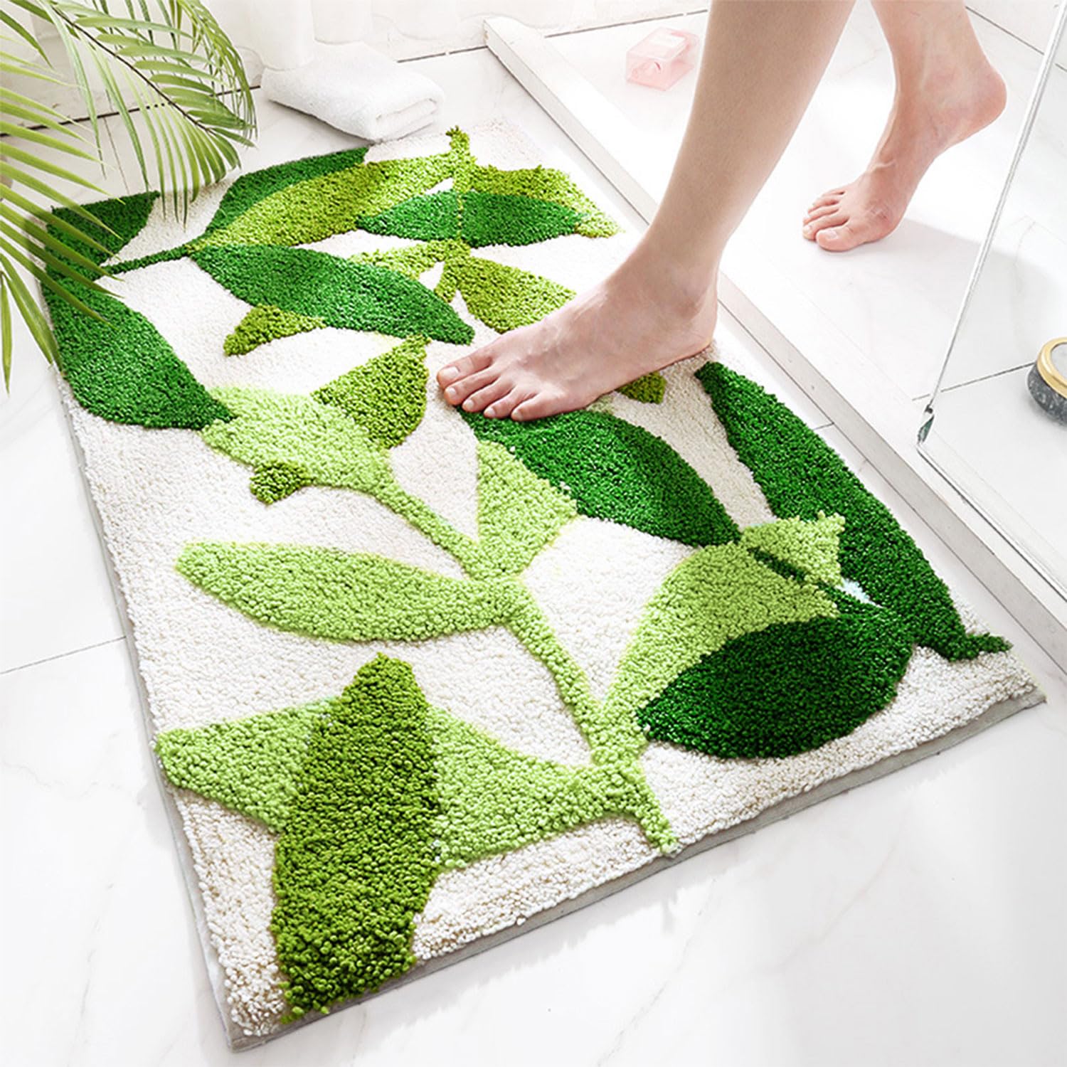 Leaf Bathroom Rugs Mat Green Leaves Cute Bath Rugs Non-Slip Plush Shaggy Bathroom Mat Boho Soft Fluffy Microfiber Machine Washable Absorbent Doormat 30x20