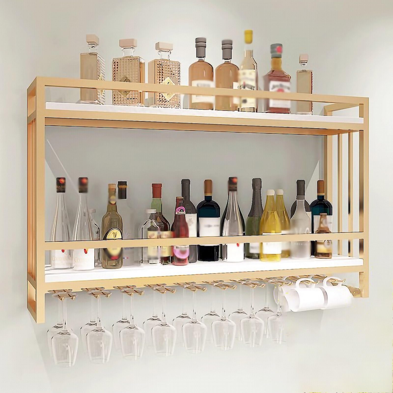 Portavino Montato a Parete Industriale, 2 Strati di Metallo Rustico Scaffale in Legno con Supporto per guardrail e Vetro per Lo stoccaggio del Bar della Cucina, Supporto per l'esposizione salvaspazio