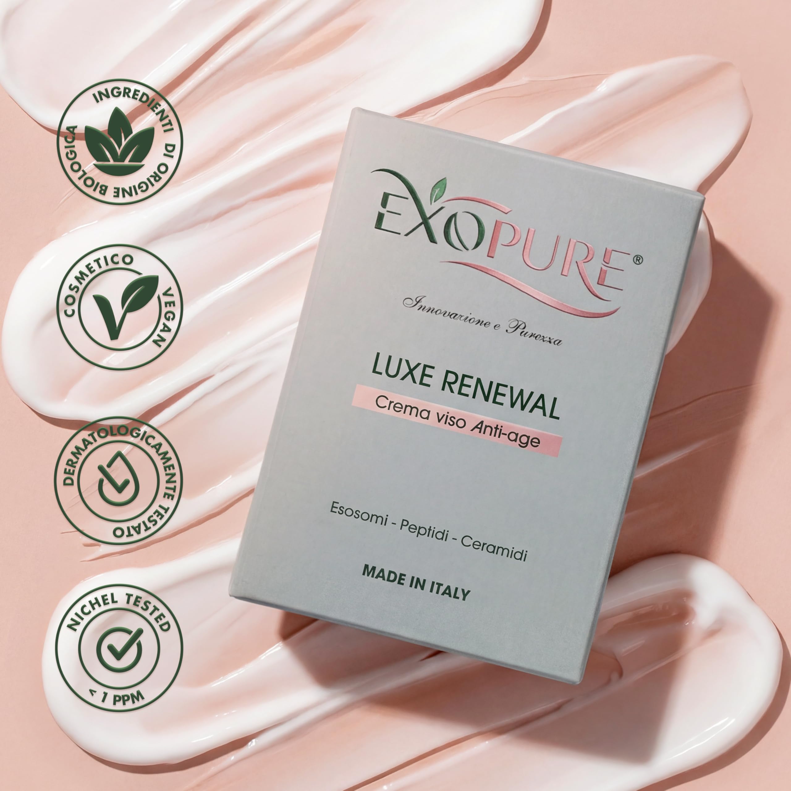 EXOPURE 50ml Crema Viso Antirughe Avanzata con ESOSOMI, Peptidi e Ceramidi | Crema Idratante Viso Innovativa, Rimpolpante, Skincare 100% MADE IN ITALY, Crema Viso Uomo & Donna - Effetto Radioso