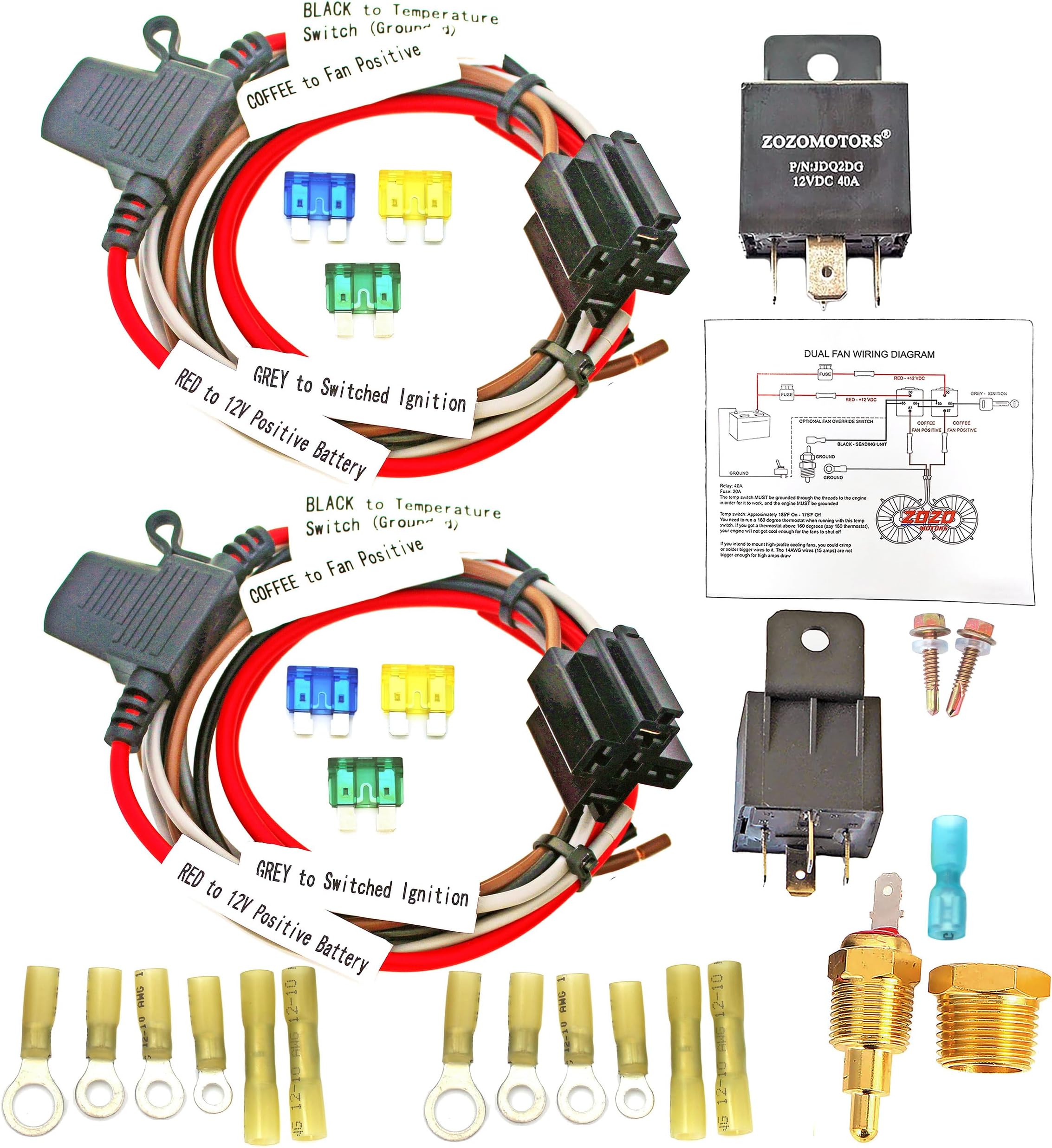 Dual Electric Fan Relay Kit Radiator Electric Cooling Fan Thermostat Kit Temperature Sensor Switch 185 On 175 Off, 40 AMP Waterproof Relay Kit