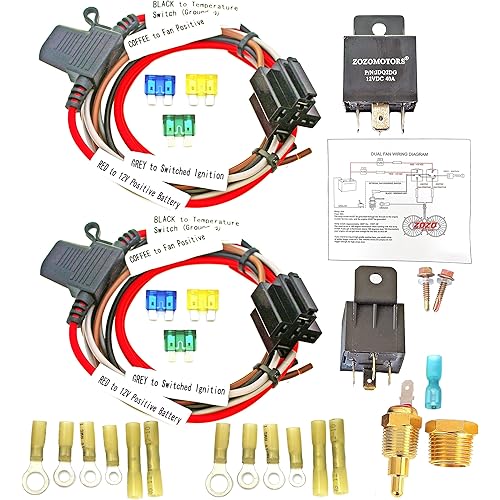 Dual Electric Fan Relay Kit Radiator Electric Cooling Fan Thermostat Kit Temperature Sensor Switch 185 On 175 Off, 40 AMP Waterproof Relay Kit