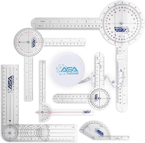 ASA TECHMED Goniometer - Juego completo de 6 piezas + cinta métrica corporal, terapia física, terapia ocupacional, fitness, regla angular del