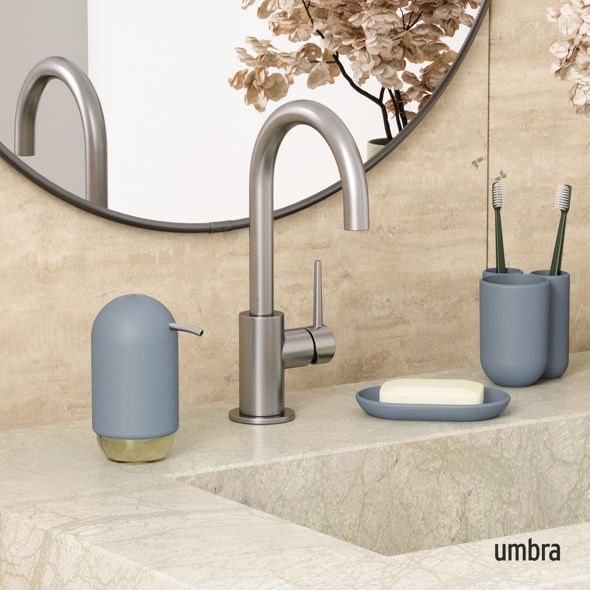 Condition photo showing New/Like New for Umbra Touch Hand Soap Dispenser, Plastic Liquid Pump Bottle, Durable and Refillable for Bathroom or Kitchen Sink, Slate Blue