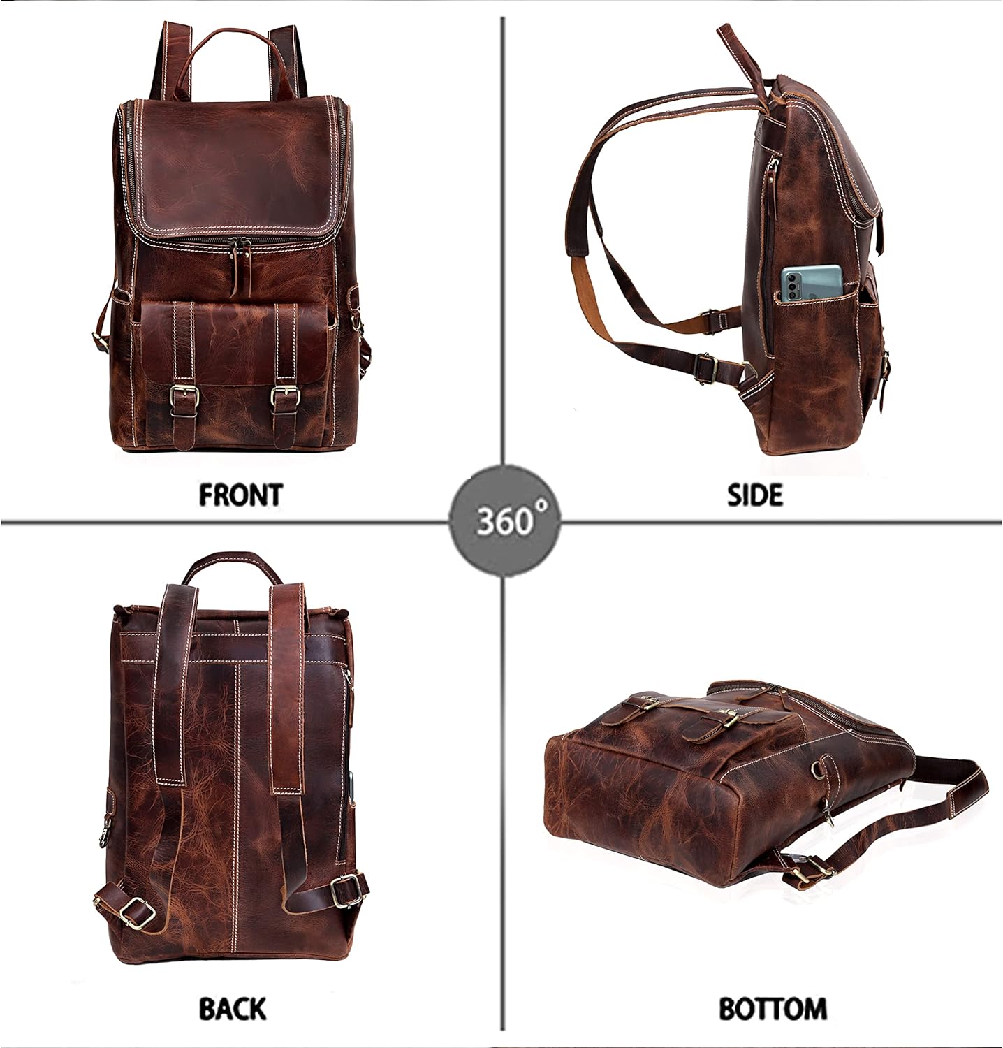cuero C Full Grain Leather Backpack for Men - 17 Inch Laptop Bag - Vintage Travel Rucksack - Casual Daypack for Womens (BROWN)