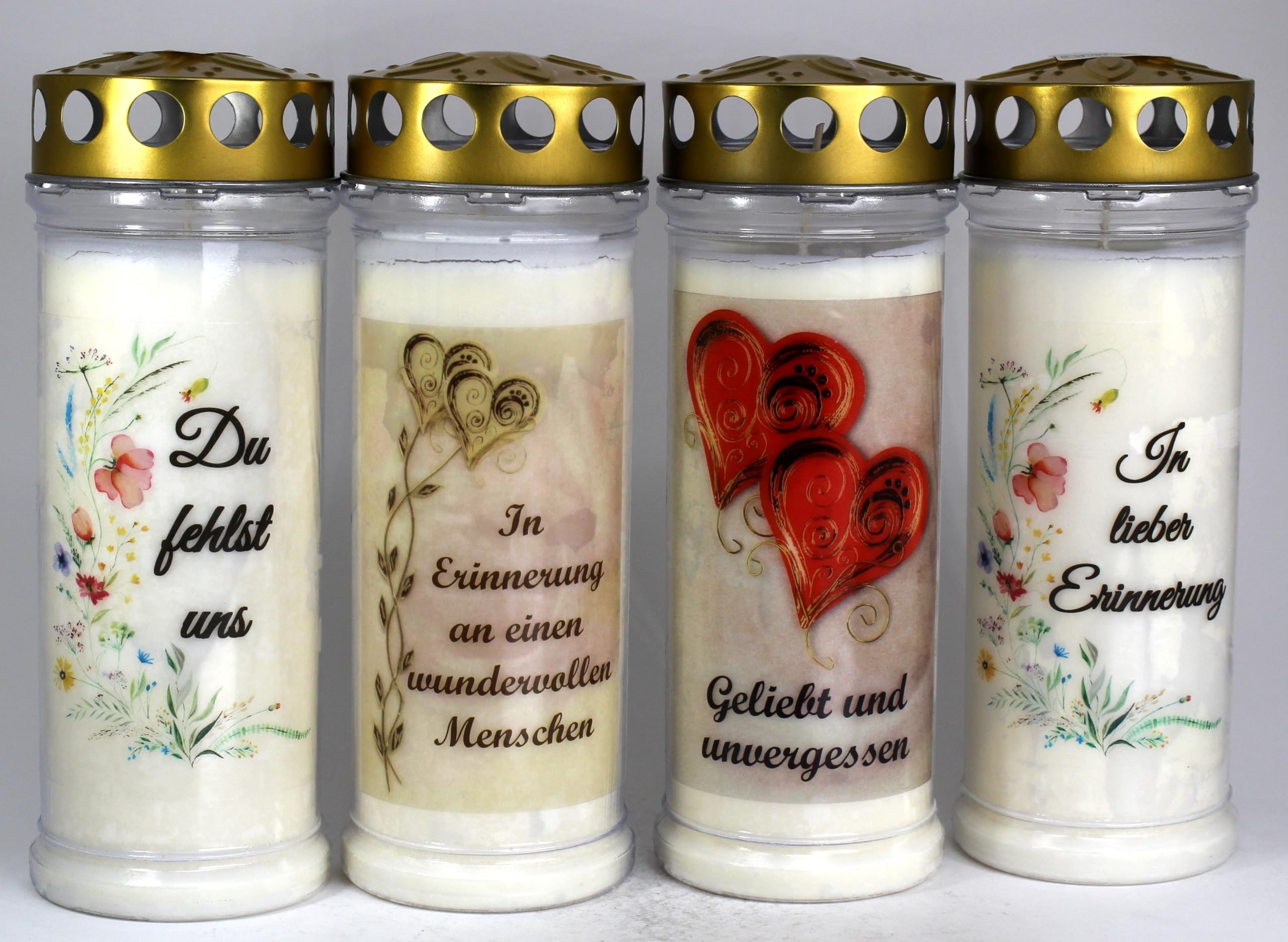 Grablichtkerze 4er Set mit 21x7,5 cm und ca. 7 Tage Brenndauer | Grabkerze mit Motiv und Spruch | Trauerkerze mit Foto und Spruch | 4104