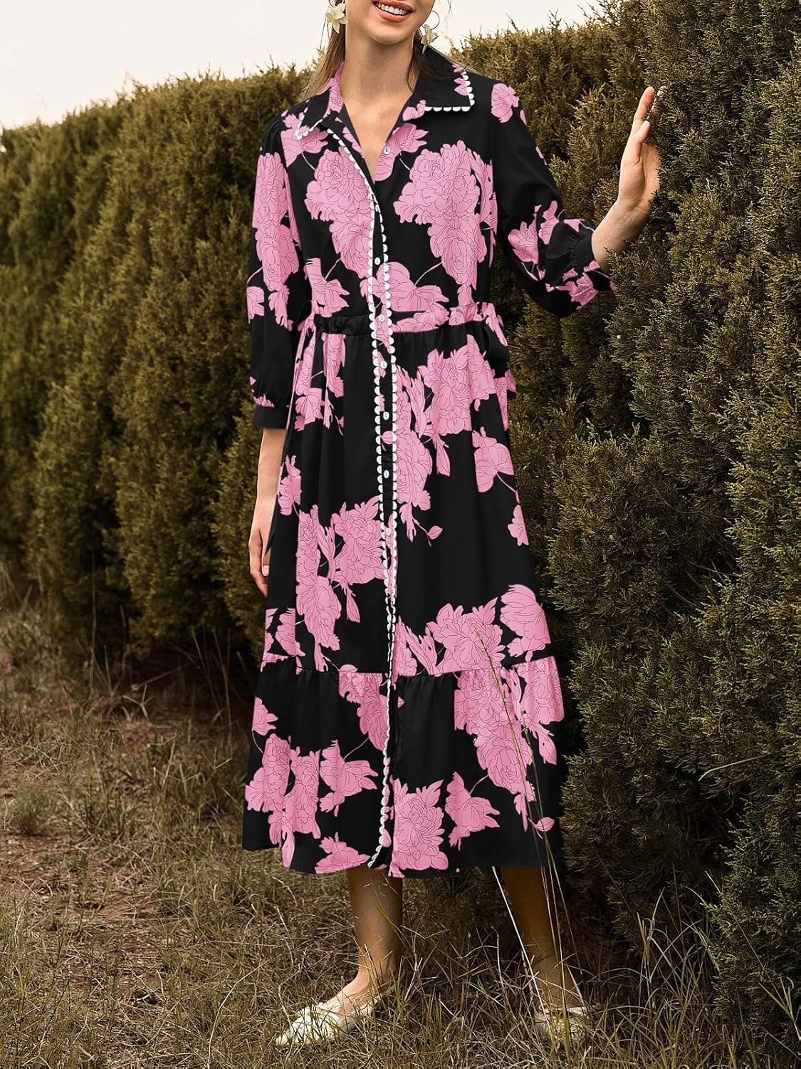 Wenrine Womens Maxi Shirt Dress Casual Floral Collared 3/4 Long Sleeve Drawstring Waist Fall Button Down Dresses - Image 5