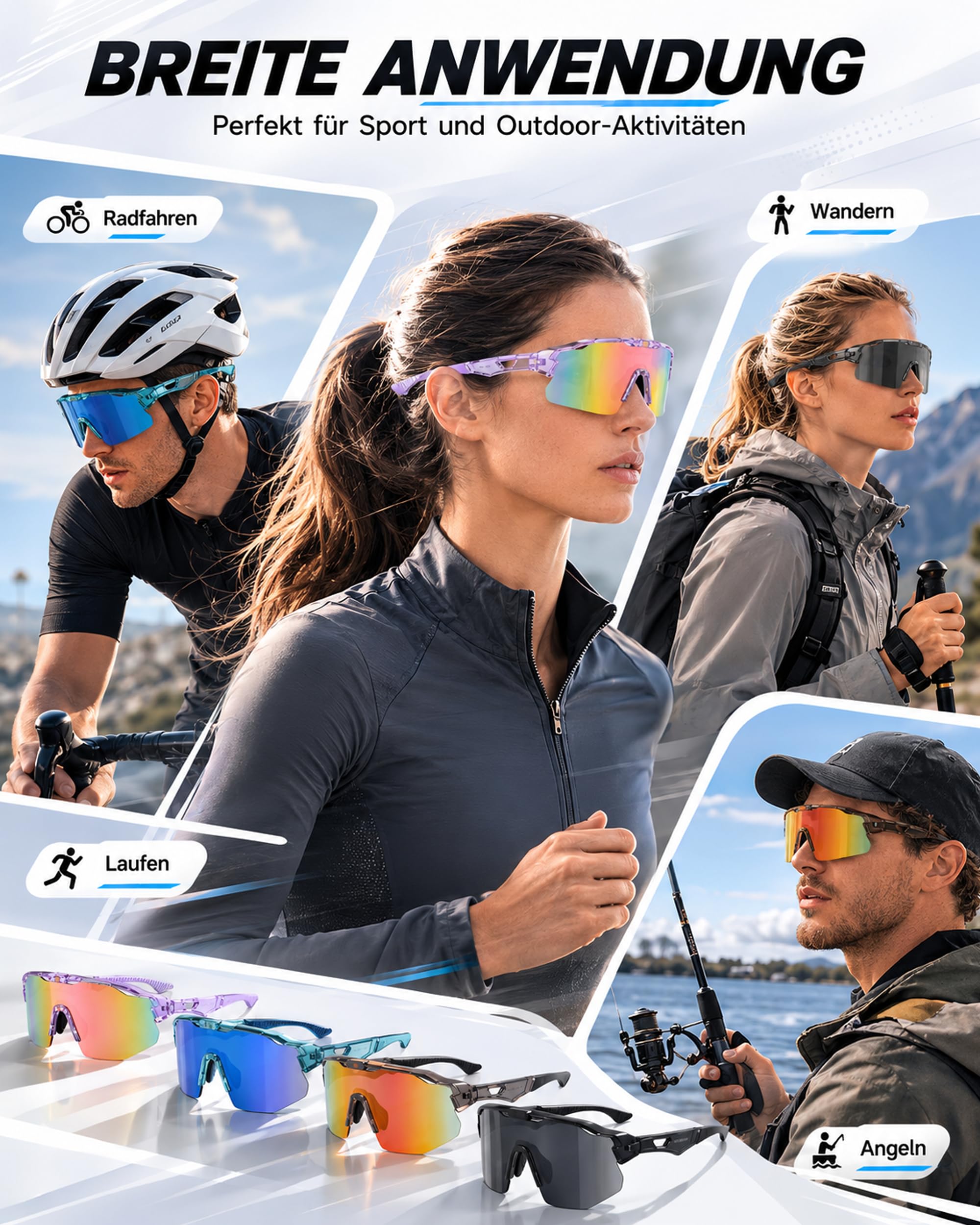 Fahrradbrille Herren Damen Selbsttönend, Photochrome Laufbrille UV400 mit Verstellbarem Nasenpad, 27g Leichte TR90 Sportbrille Sonnenbrille Schnelle Brille für Fahrrad, MTB, Outdoor