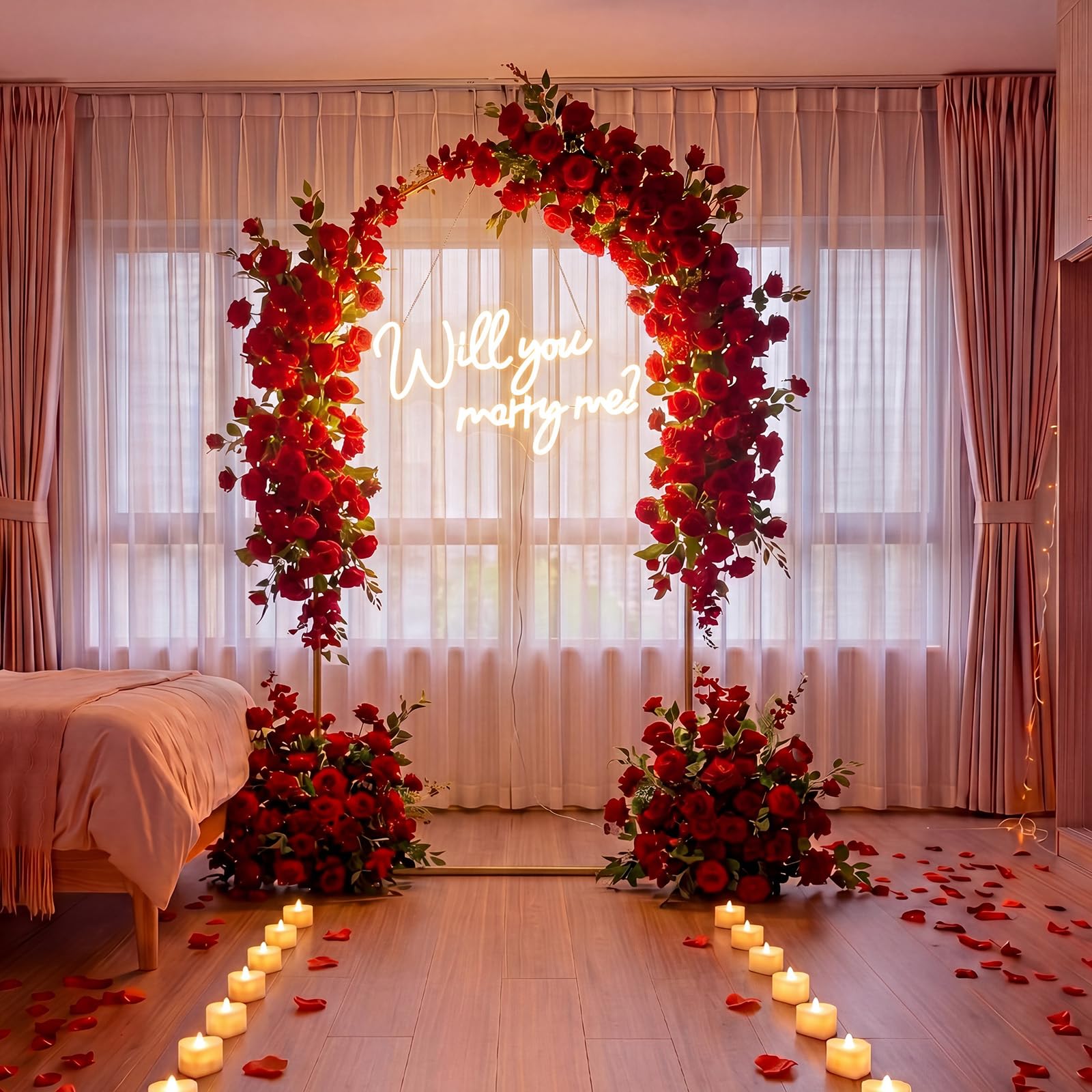 Coume 2,2 m Hochzeitsantrags-Dekorationsset "Will You Marry Me", Neonschild | Großer Metallbogenständer, 24 Herz-LED-Kerzen, 2000 rote Rosenblätter, für den Außenbereich, Antrag, Hochzeit, Verlobung