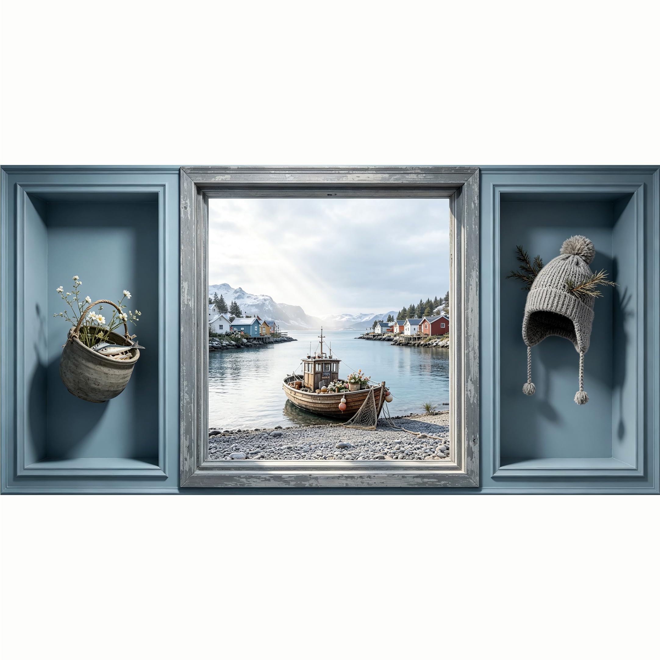 QZLITHOTIC 50x100cm 3D Framed Wall Art， Coastal Nordic Fishing Village Mountain Lake Scenery Self‑Adhesive Mural， Water‑Activated Peel & Stick Fabric Decor Wall Decal for Bedroom Living Room
