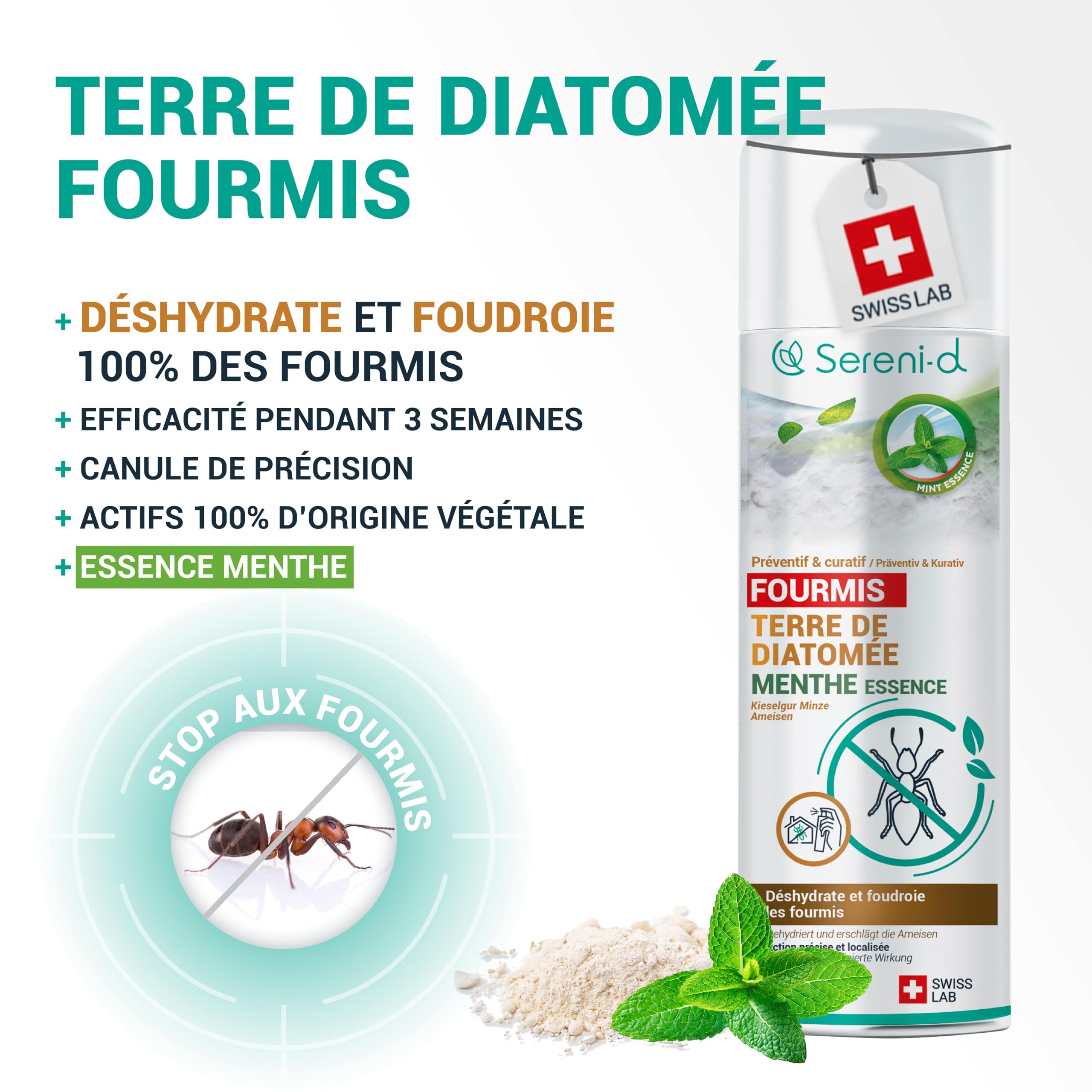 TERRE DE DIATOMÉE MENTHE FOURMIS– EFFICACITÉ FOUDROYANTE – 100% d'ORIGINE NATURELLE - Action IMMÉDIATE et EFFICACE - Swiss Lab