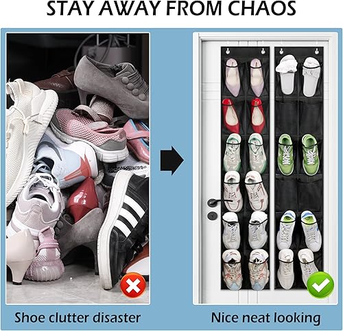 Miniatura 6 de MISSLO Organizador de zapatos sobre la puerta, 12 bolsillos grandes de malla para colgar puerta estrecha de armario, negro, paquete de 2