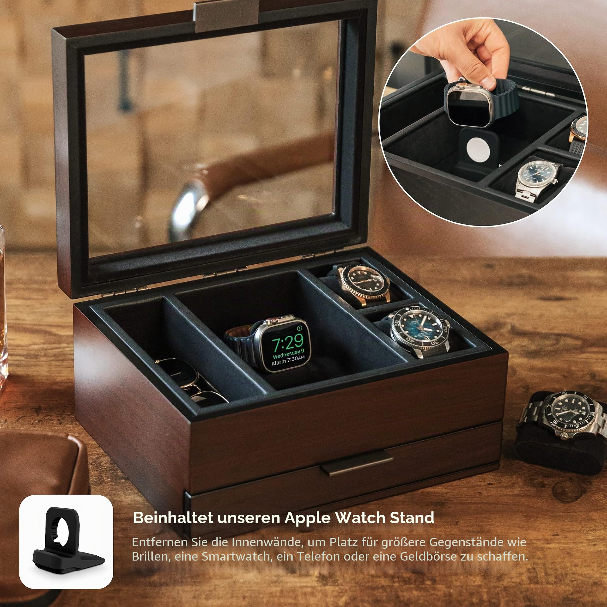 CASE ELEGANCE Uhrenbox mit 8 Fächern für Herren, Kirschholz-Walnuss-Finish, Uhrenvitrine, modulares Valet-Tablett, Apple Watch kompatibel mit Apple Watch-Ständer – Braun