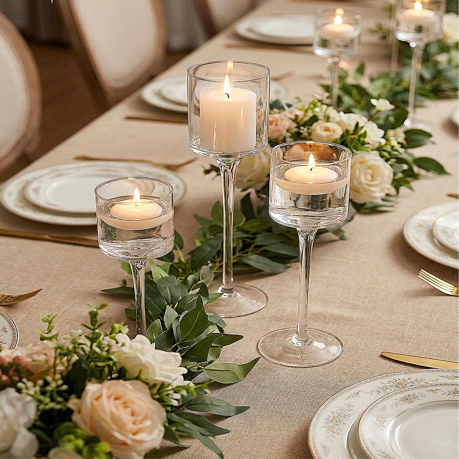 Inweder Claire Tea Light Candle Holders - Set Of 3 Glass Candle Holder Fit Pillar And Floating Candles Clear Tealight Holders For Christmas Wedding Table Centrepiece Reception Home Decor