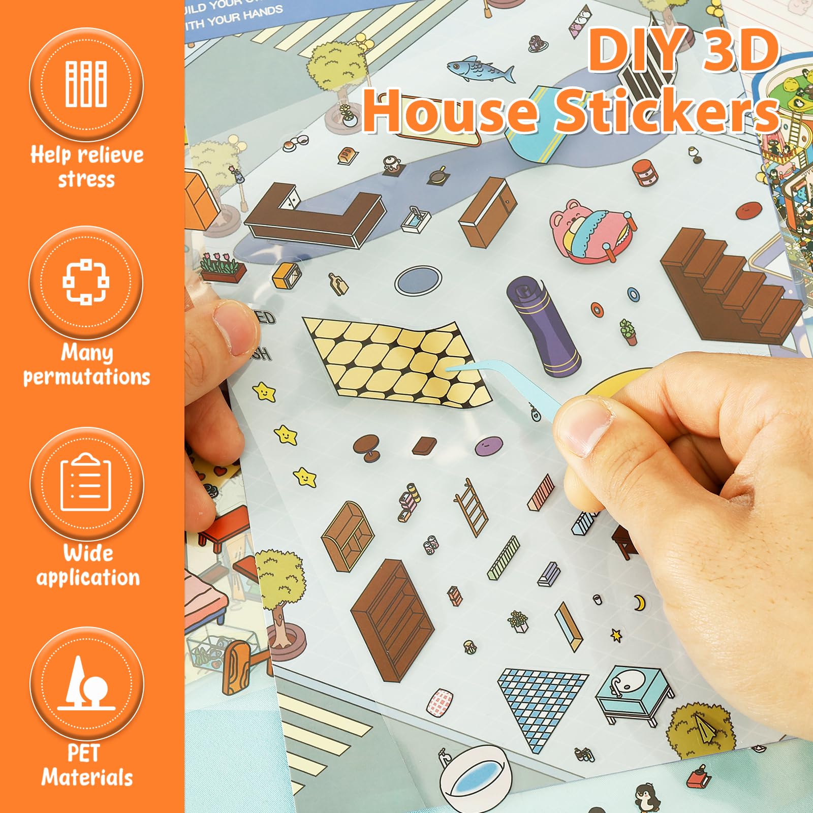 Stressverlichtende Stickers 10 Sets 3D House Stickers - DIY Miniatuur Scènes, Met Pincet, Stressverlichtend Voor Volwassenen En Kinderen Anti- stress Therapie Stickers