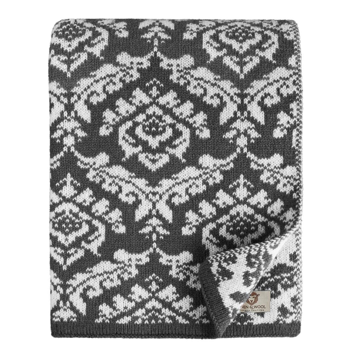 Linen & Cotton Jacquard Couverture Maille/Tricotée Caressa Motif Damassé - 100% Pure Laine de Nouvelle-Zélande, Noir Blanc (135 x 180cm) Plaid Tricoté/Jeté de Canapé/Couvre Lit/Blanket pour Sofa