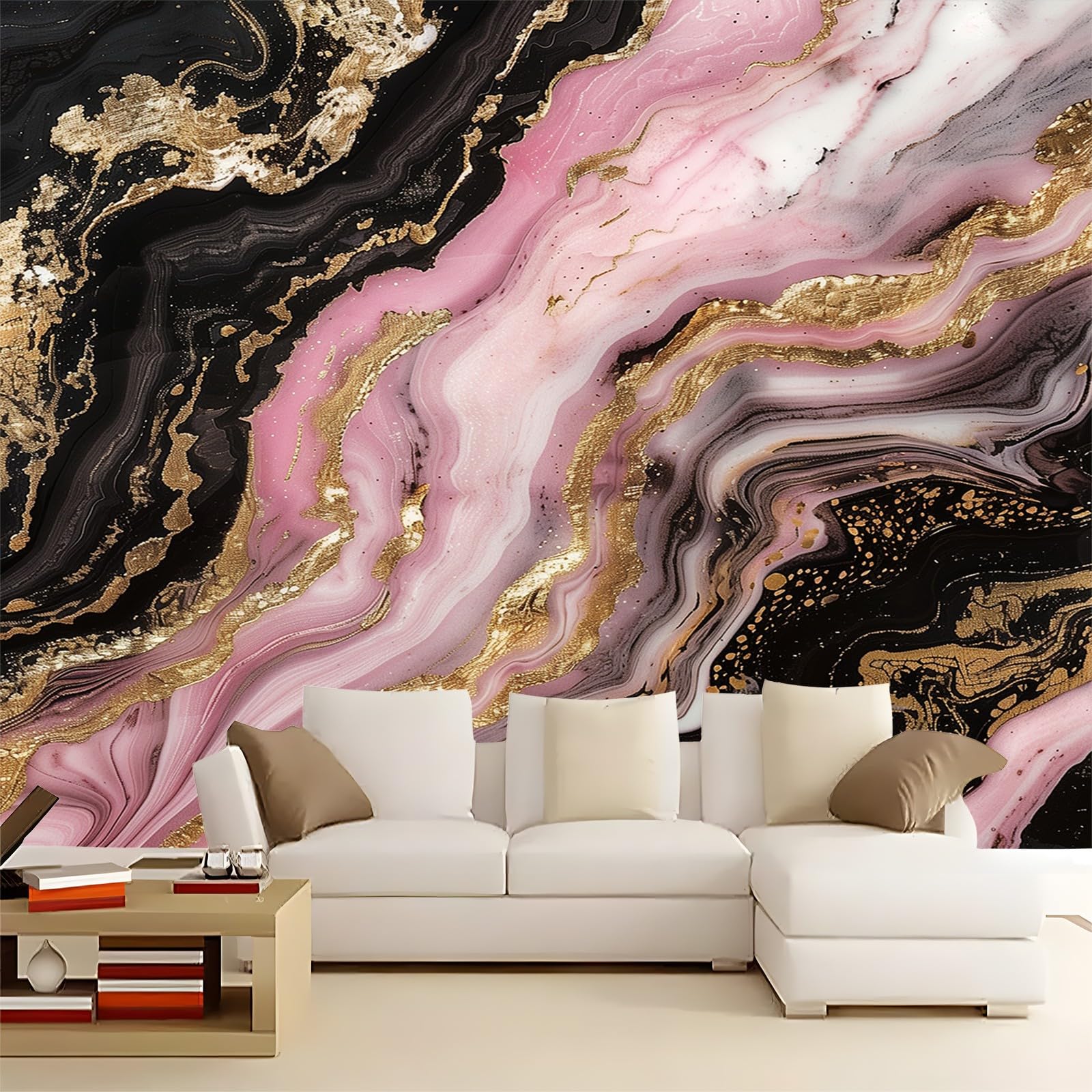 Papel pintado fotográfico de mármol rosa negro 350 x 256 cm, arte Prin no tejido, respetuoso con el medio ambiente, póster fotográfico para comedor, cocina, decoración del hogar