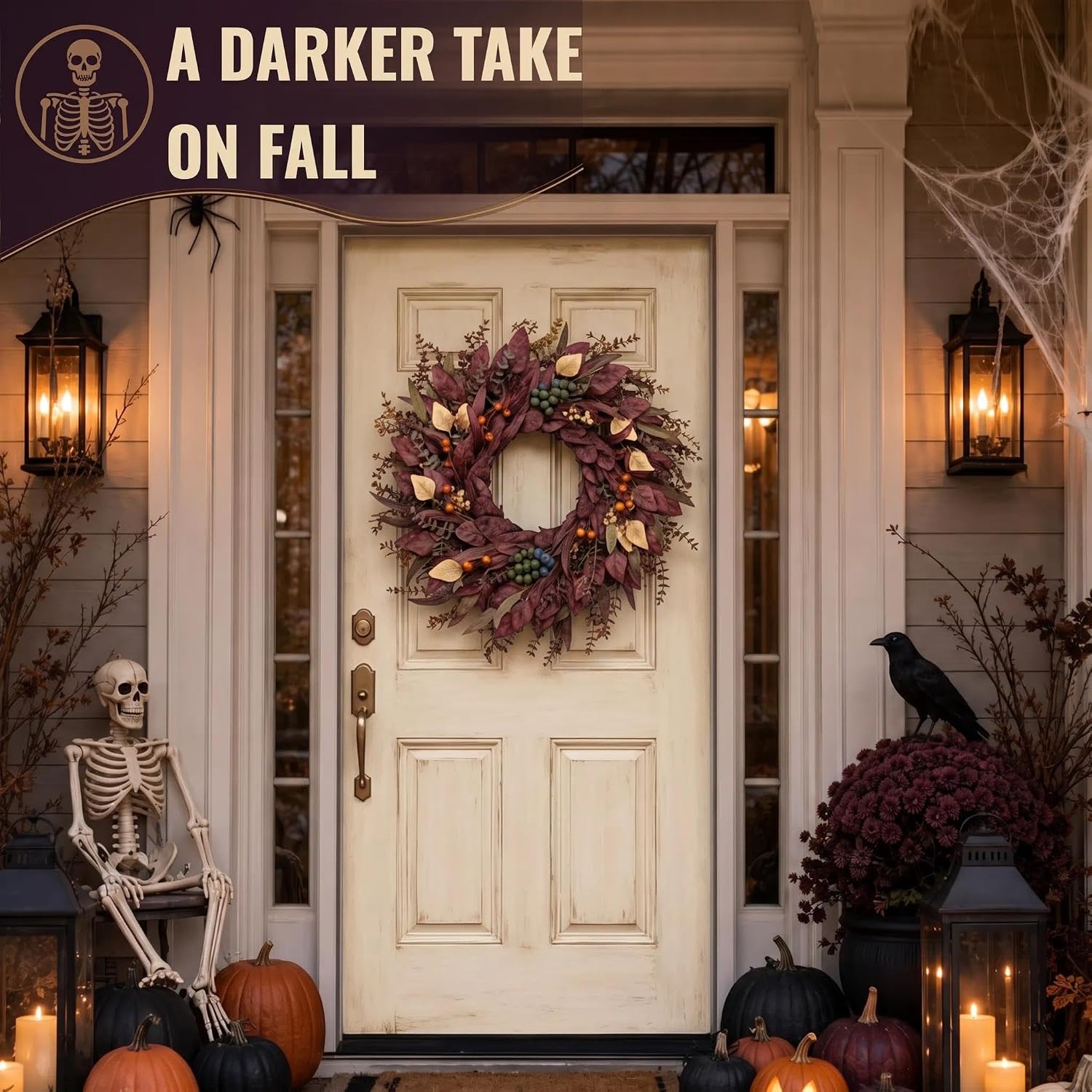 26 Inch Large Halloween Wreath Fall Burgundy Wreaths for Front Door Decor