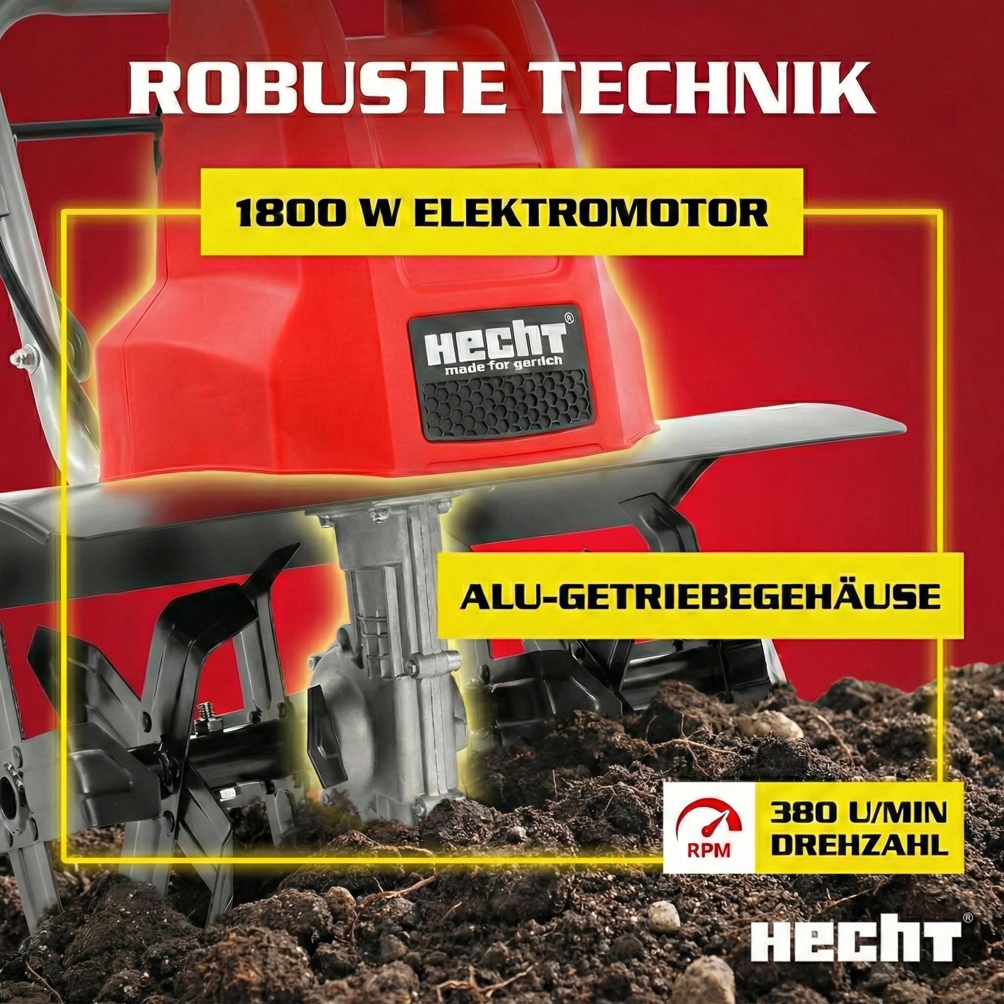 HECHT Elektro Gartenfräse 1800 W 45 cm Arbeitsbreite | Elektrische Motorhacke, Bodenfräse und Bodenhacke, Metallgetriebe, 24 Stahlmesser, 11 kg, ohne Benzin