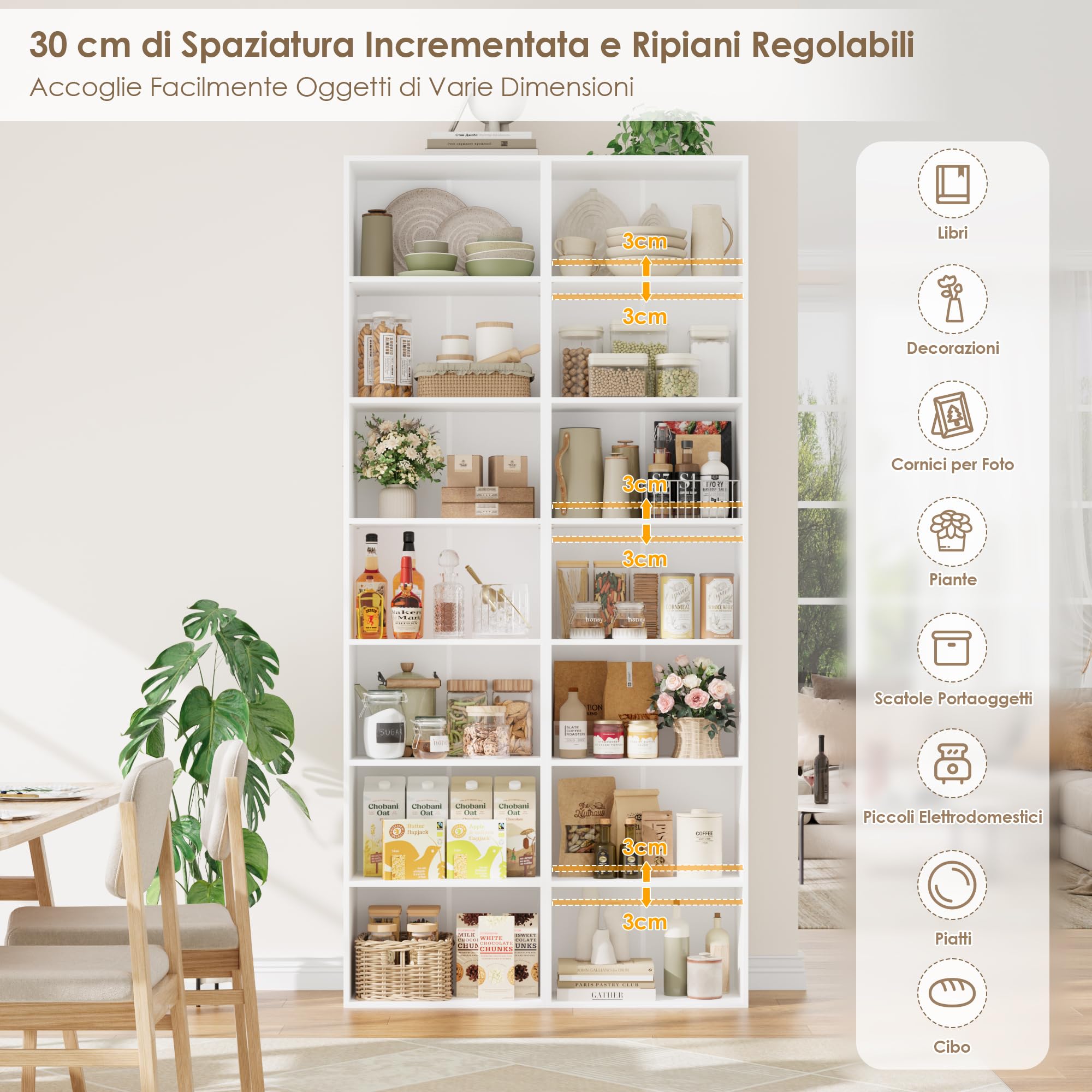 FirFurd 220 cm Libreria Profonda 30 cm, Libreria da Parete a 7 Ripiani, Librerie con Ripiani Regolabili, Scaffale Salvaspazio, per Studio, Soggiorno, Ufficio, Cucina, 48x30x220cm, Bianco