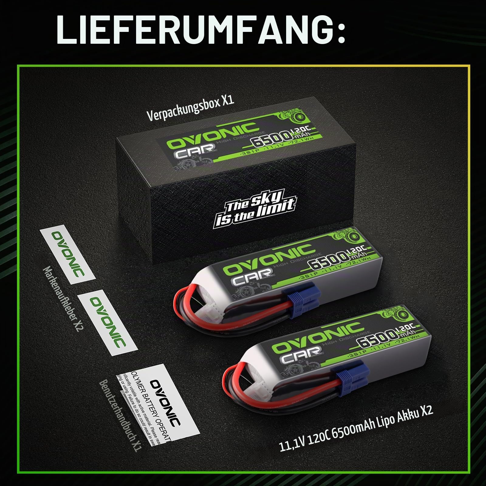 OVONIC 3s Lipo Akku 11.1V 6500mAh 120C mit EC5 Stecker Lipo Batterie für RC Auto Truck Truggy Quadcopter Hubschrauber LKW Boot Flugzeug(2PCS)