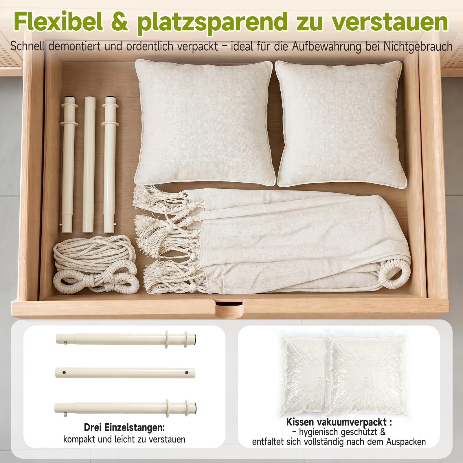 Sekey Hängesessel mit 2 Kissen & Seitentasche - Boho Hängestuhl bis 120 kg - Robuste Metallstange & Anti-Rutsch-Ringe - Atmungsaktive Hängeschaukel für Indoor, Balkon & Garten, Beige
