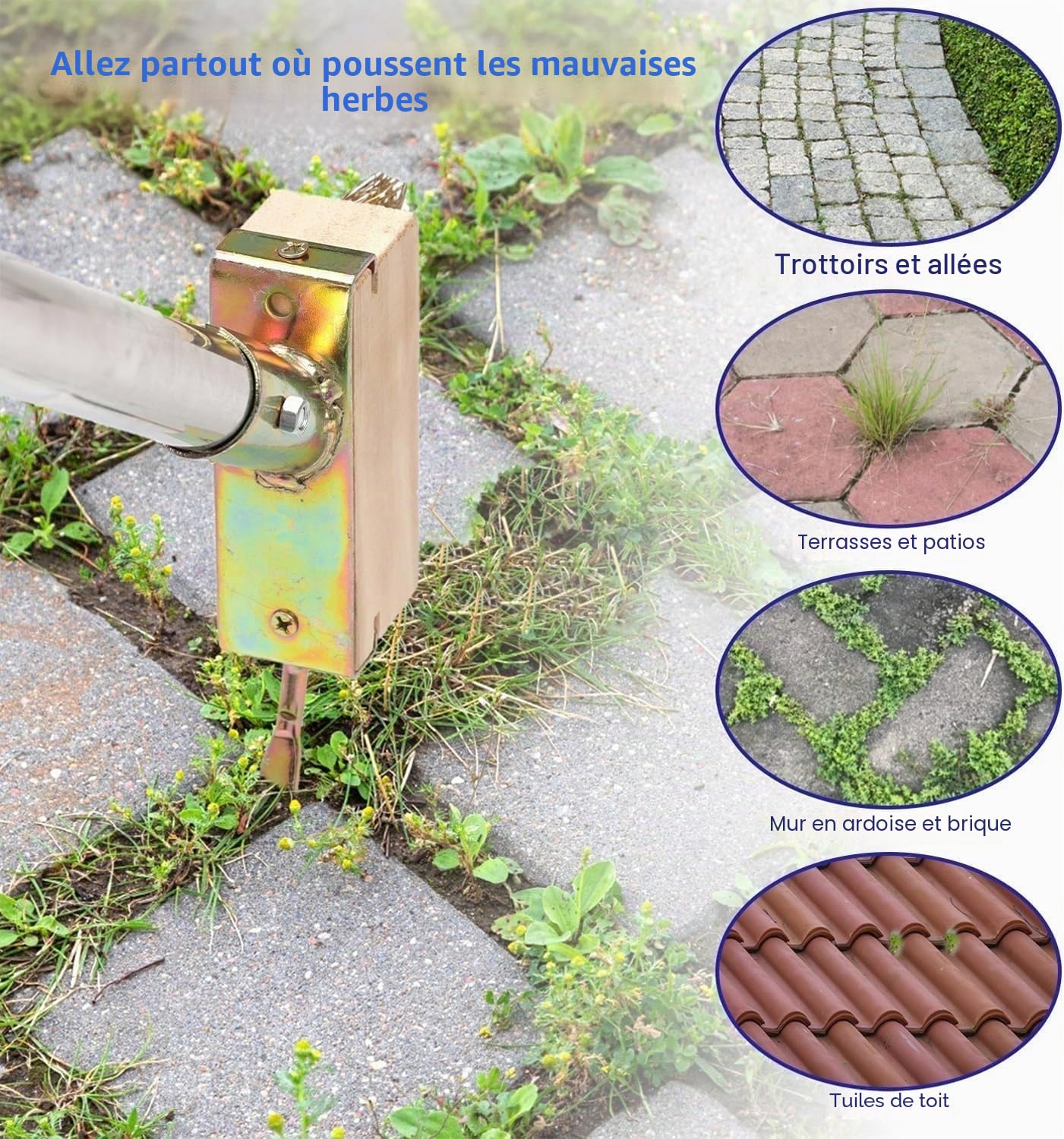 Lot de 2 balais métalliques avec manche - 160 cm - Pour désherbeur de mousse - En acier - 2 têtes de brosse en fil métallique avec grattoir - Robuste - 30 cm - Pour mousse, jardin, terrasse, terrasse